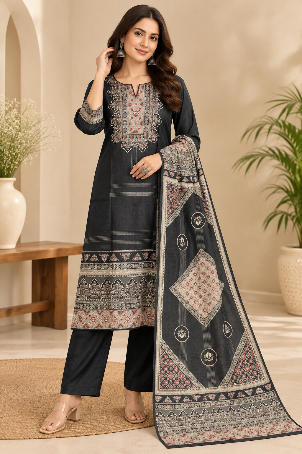 Slate Grey Viscose Silk Printed Suit Set with Dupatta