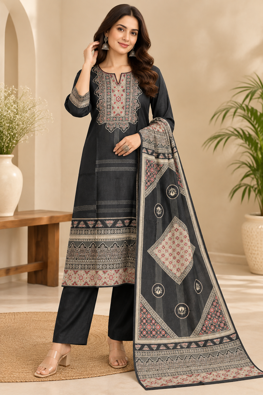 Slate Grey Viscose Silk Printed Suit Set with Dupatta