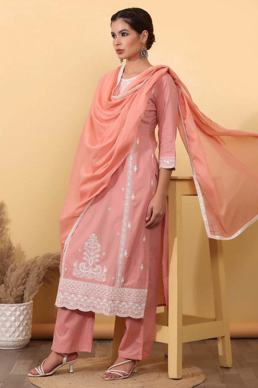 Peach Embroidered Kurta Set.