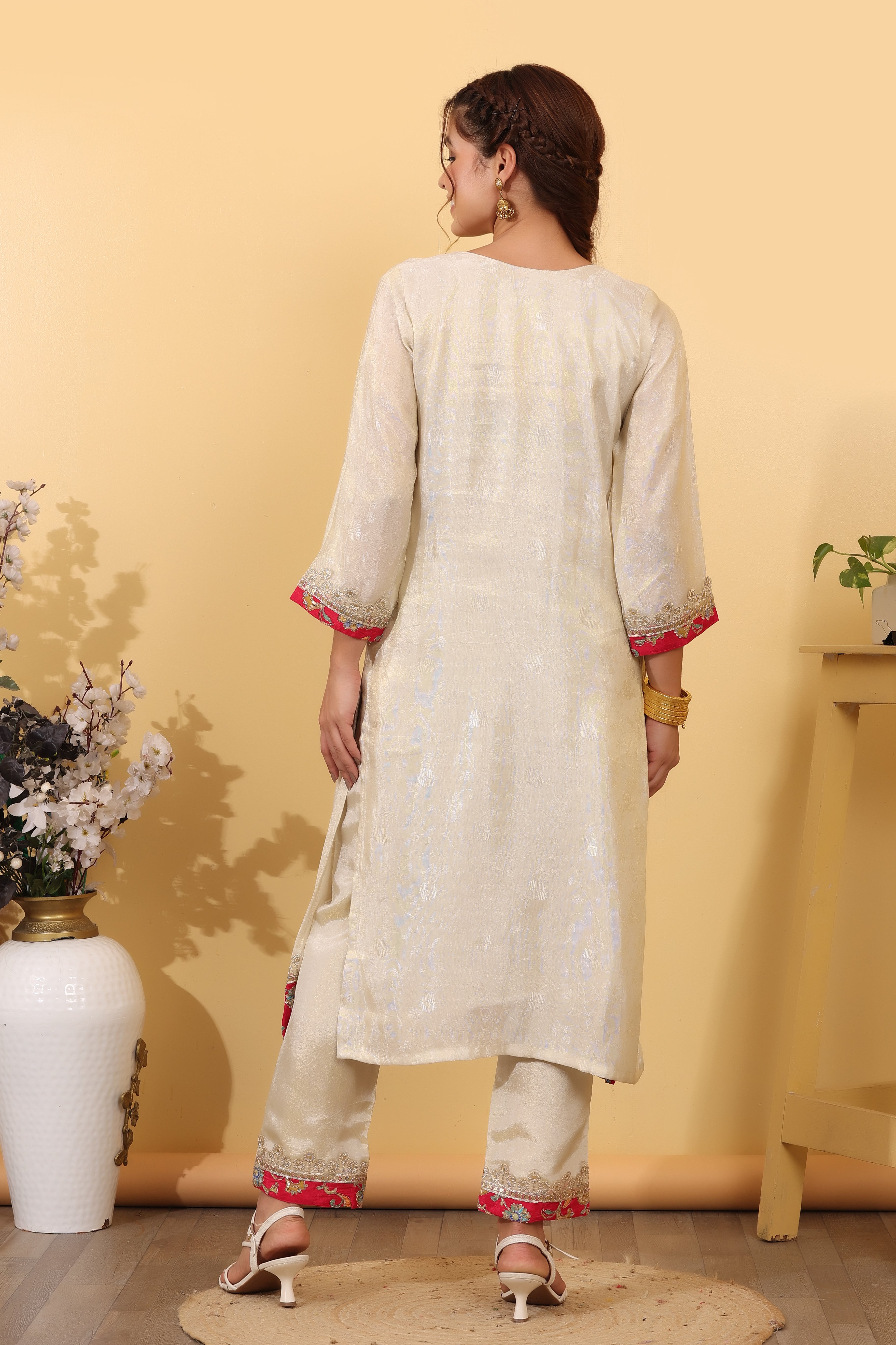 Cream Maslin Embroidered Suit Set with Dupatta