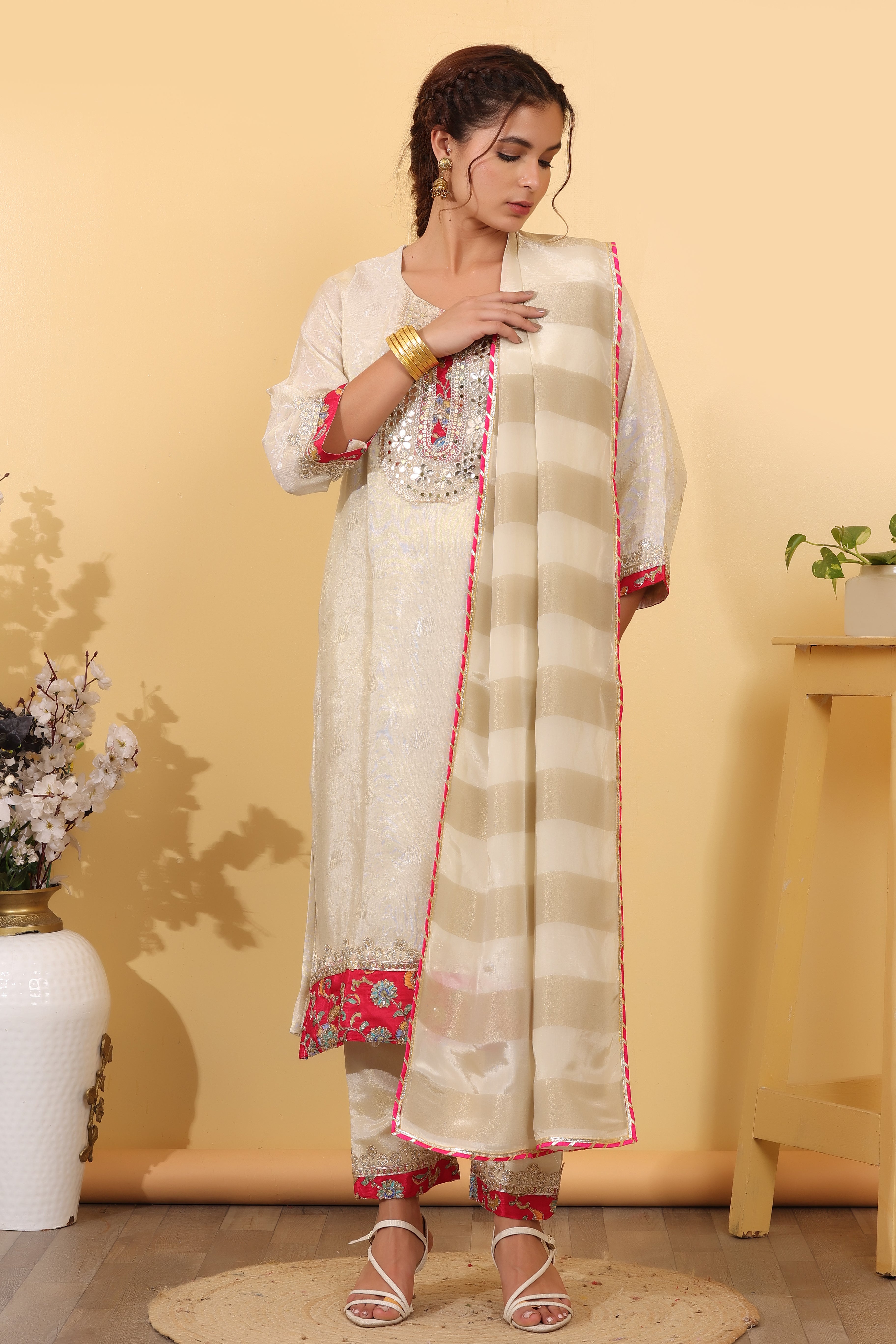 Cream Maslin Embroidered Suit Set with Dupatta