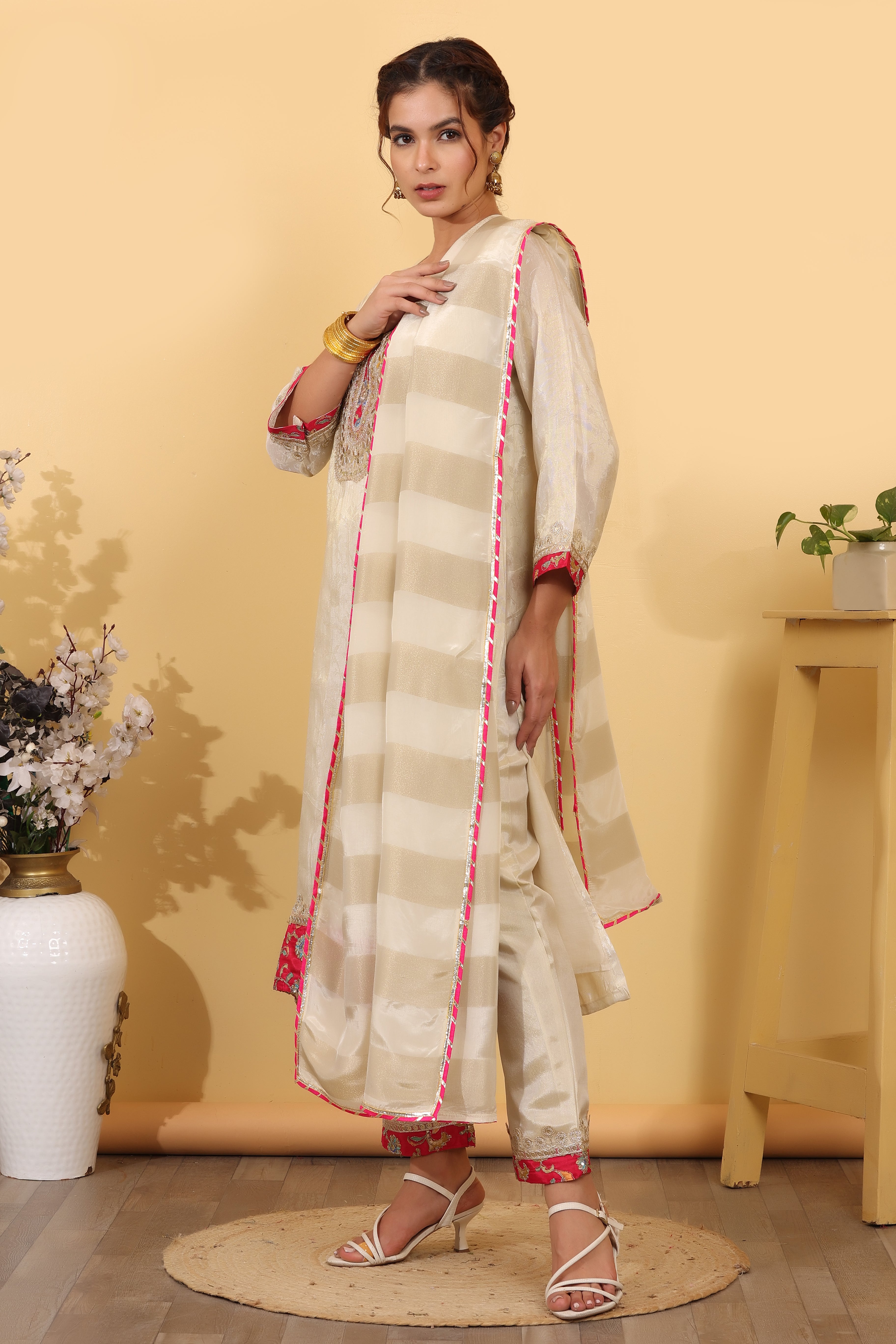Cream Maslin Embroidered Suit Set with Dupatta