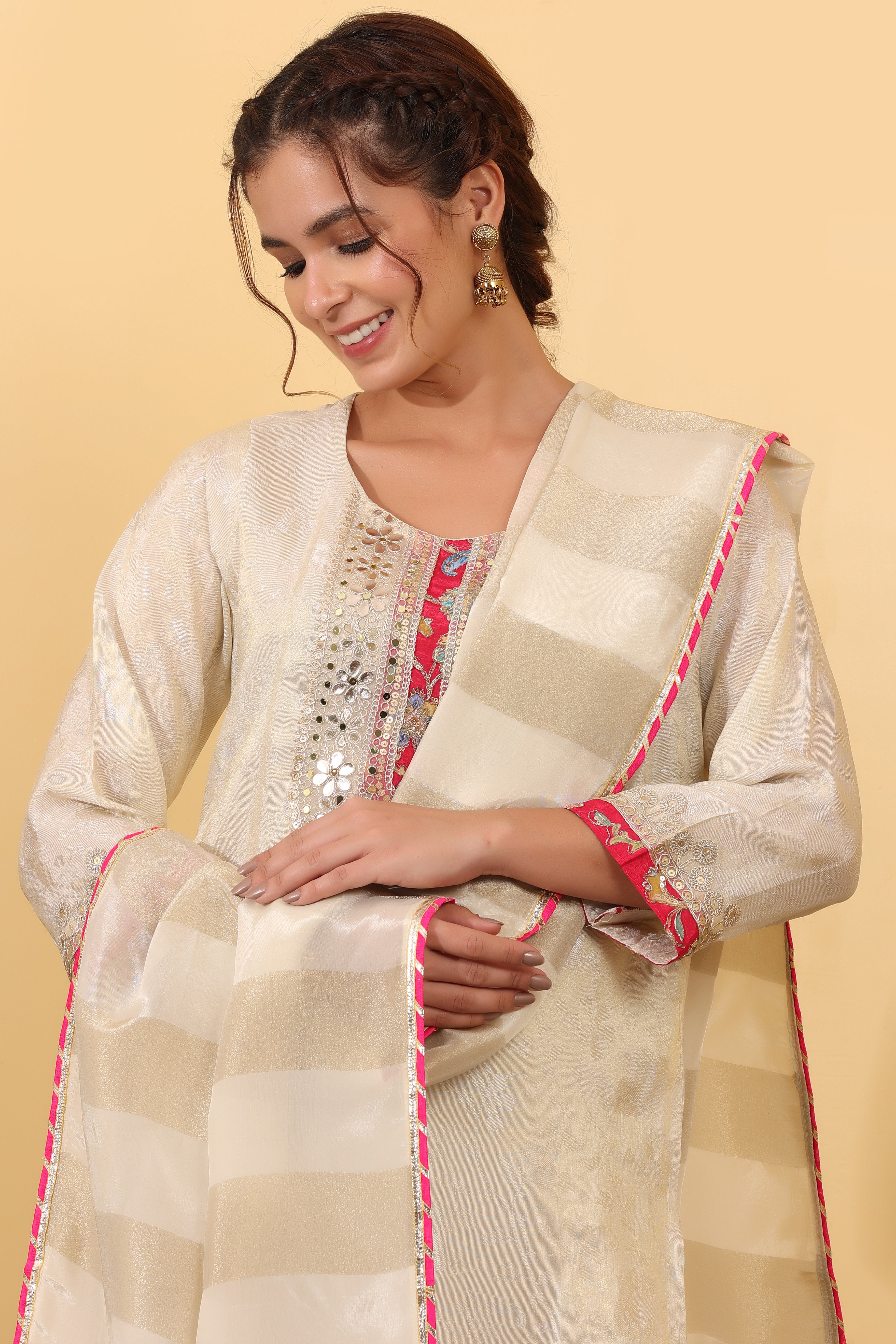 Cream Maslin Embroidered Suit Set with Dupatta