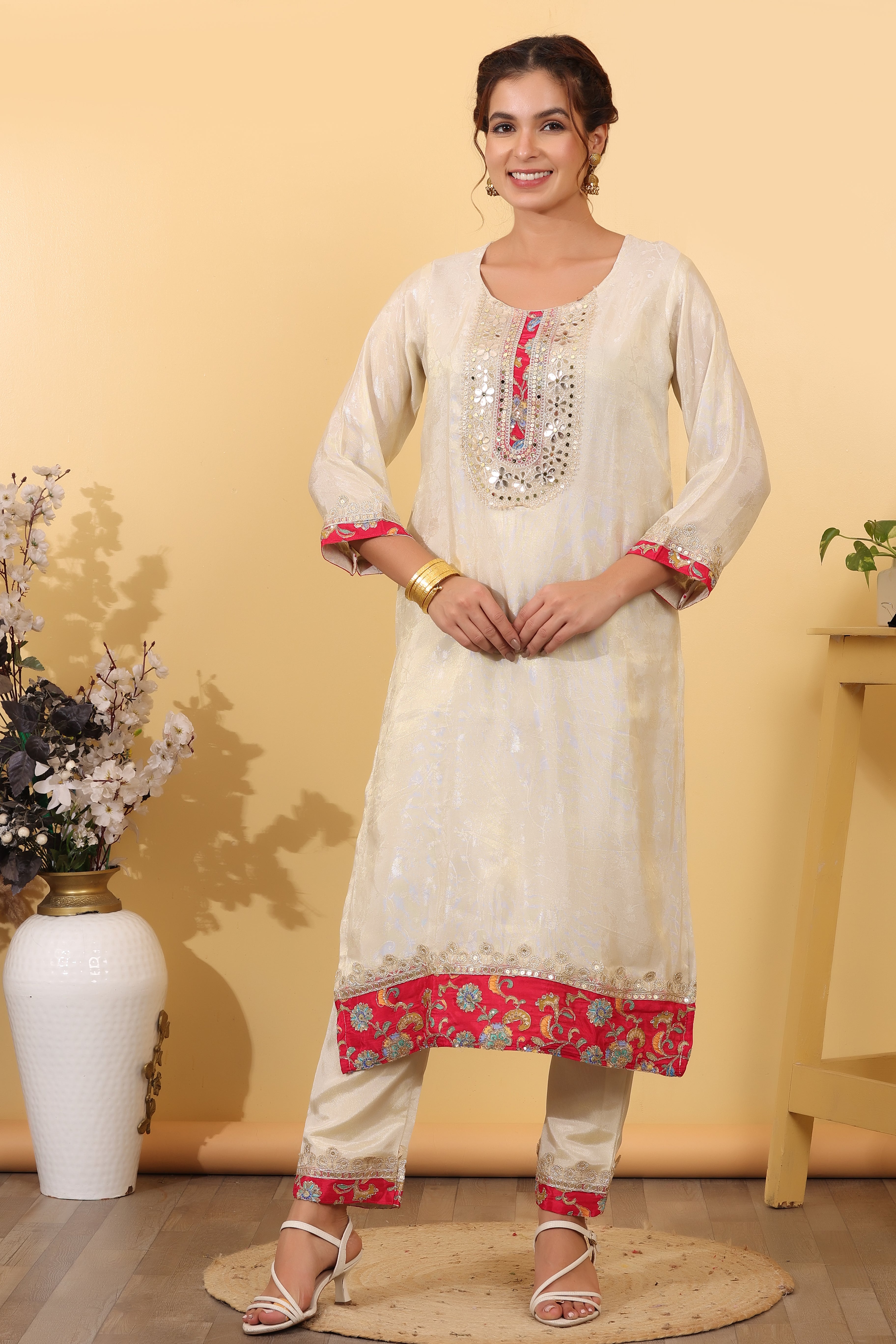 Cream Maslin Embroidered Suit Set with Dupatta