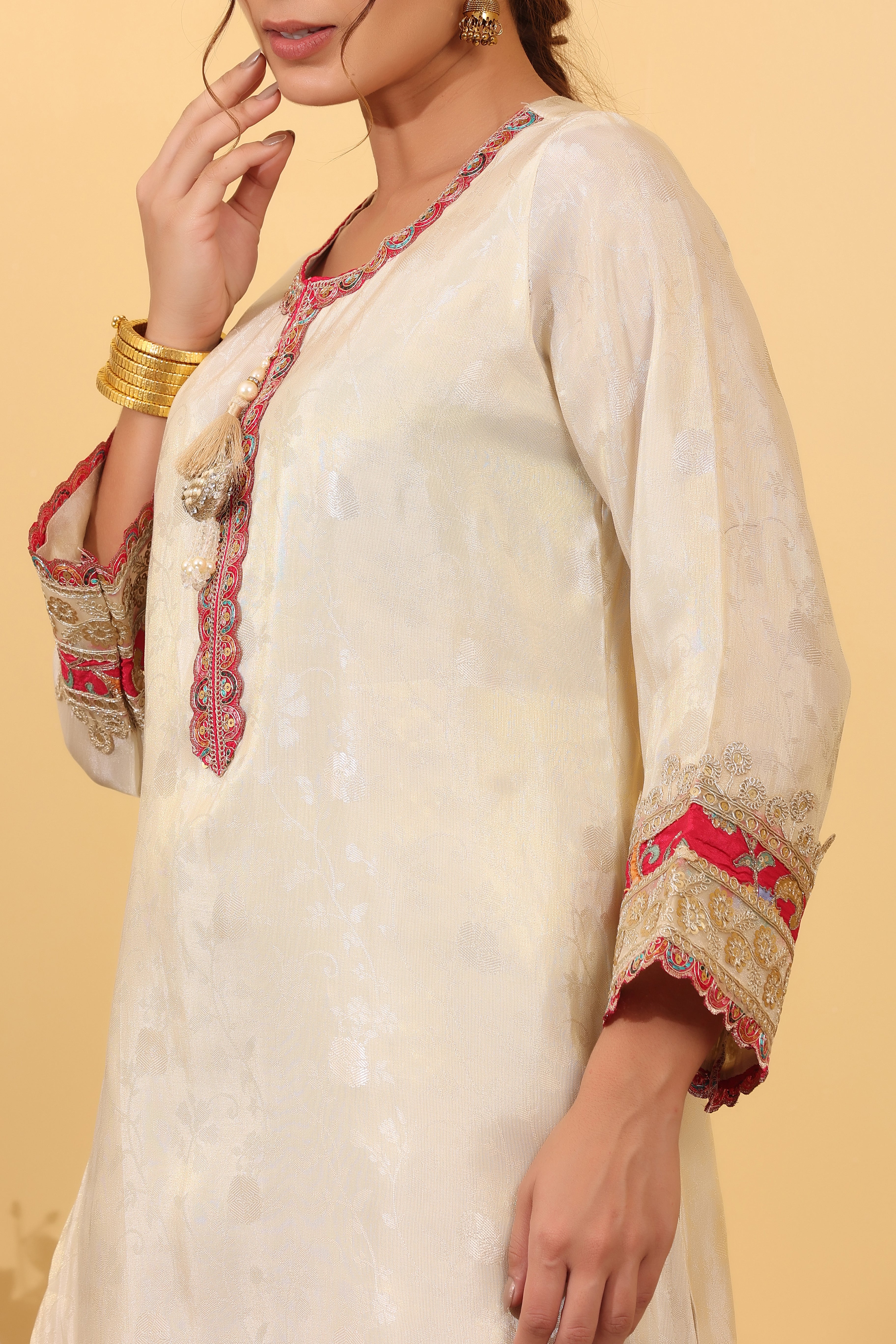 Off White Jacquard Silk Salwar Kurta Dupatta Set for Women
