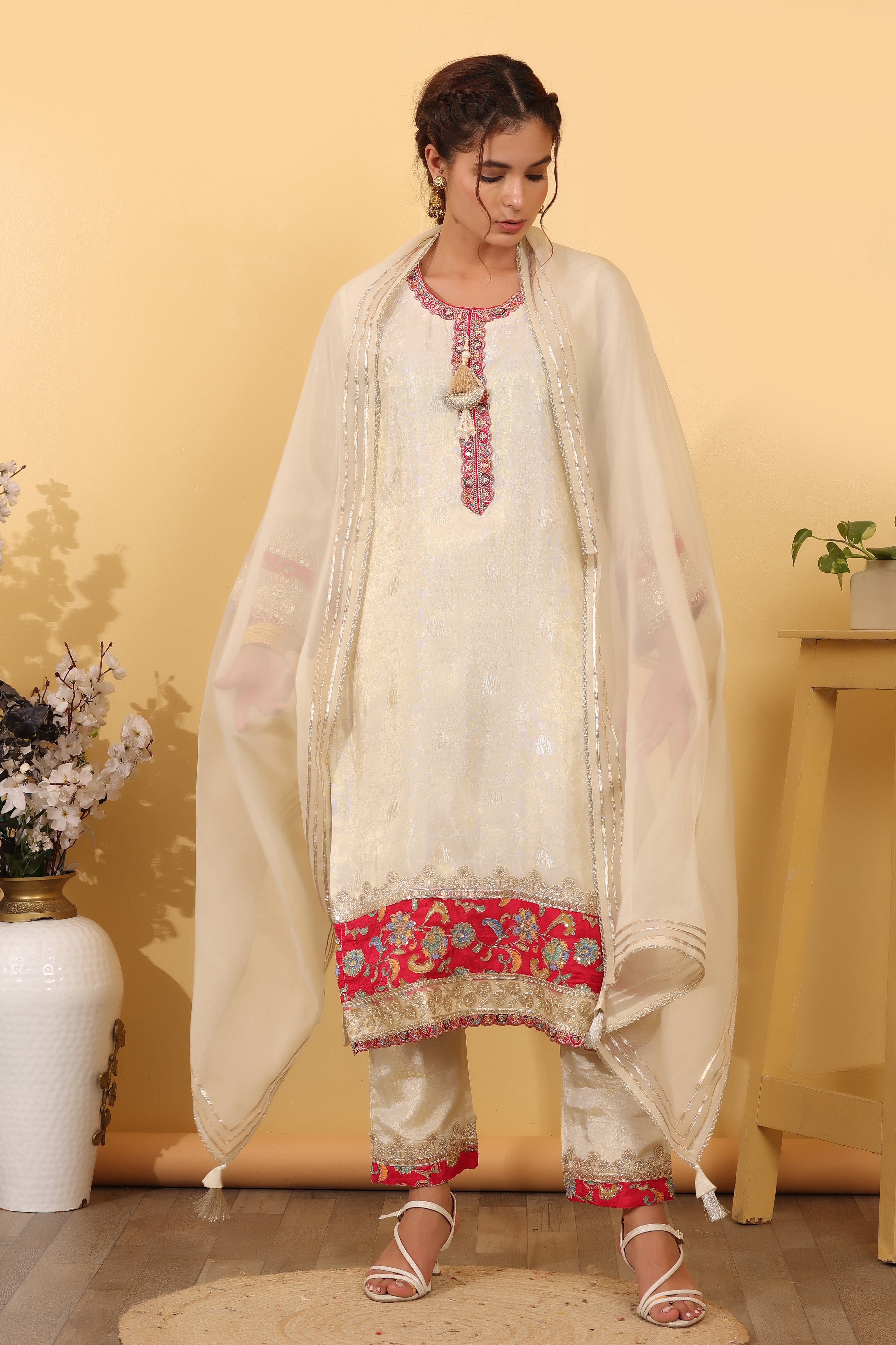 Off White Jacquard Silk Salwar Kurta Dupatta Set for Women