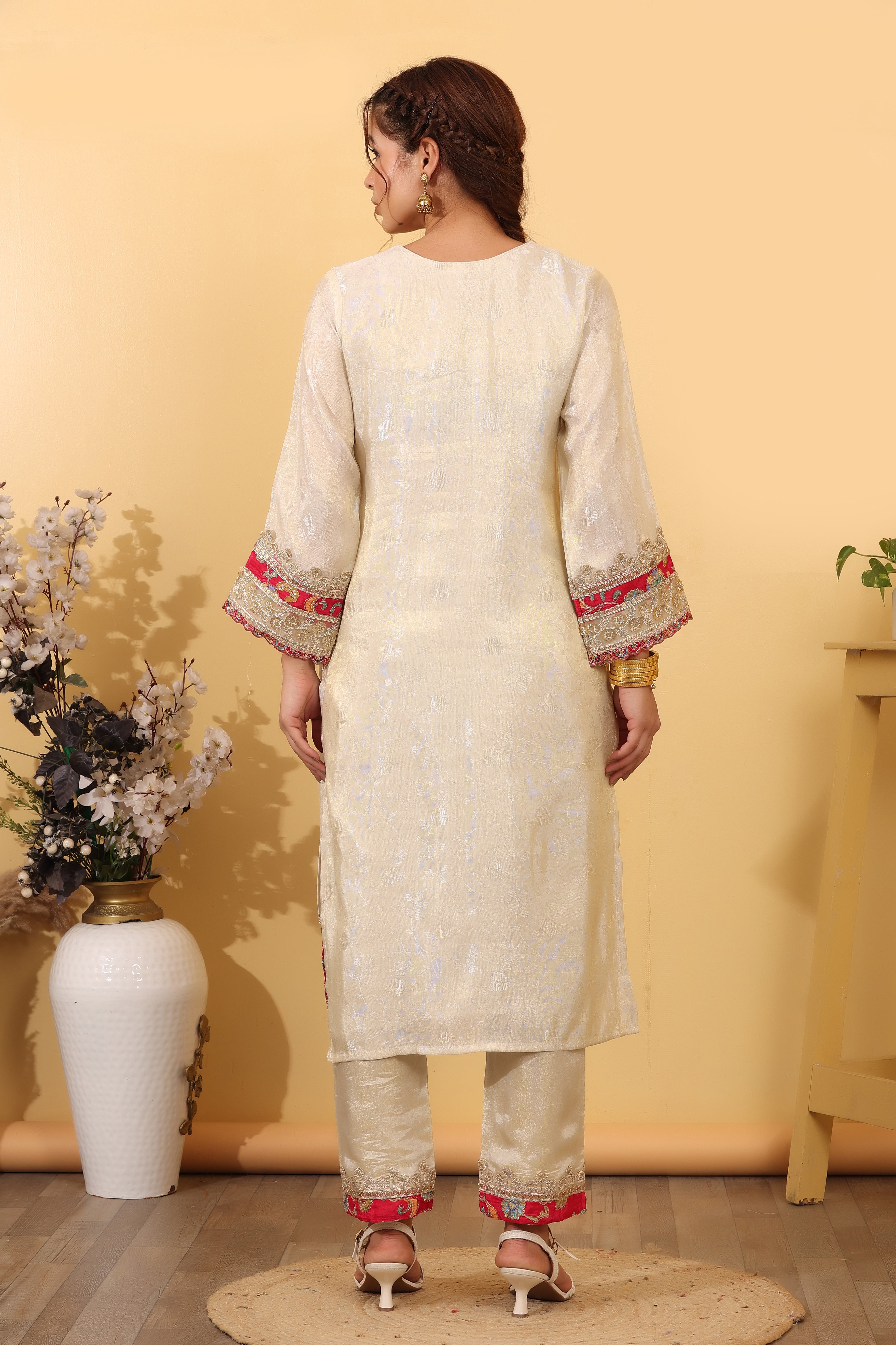 Off White Jacquard Silk Salwar Kurta Dupatta Set for Women