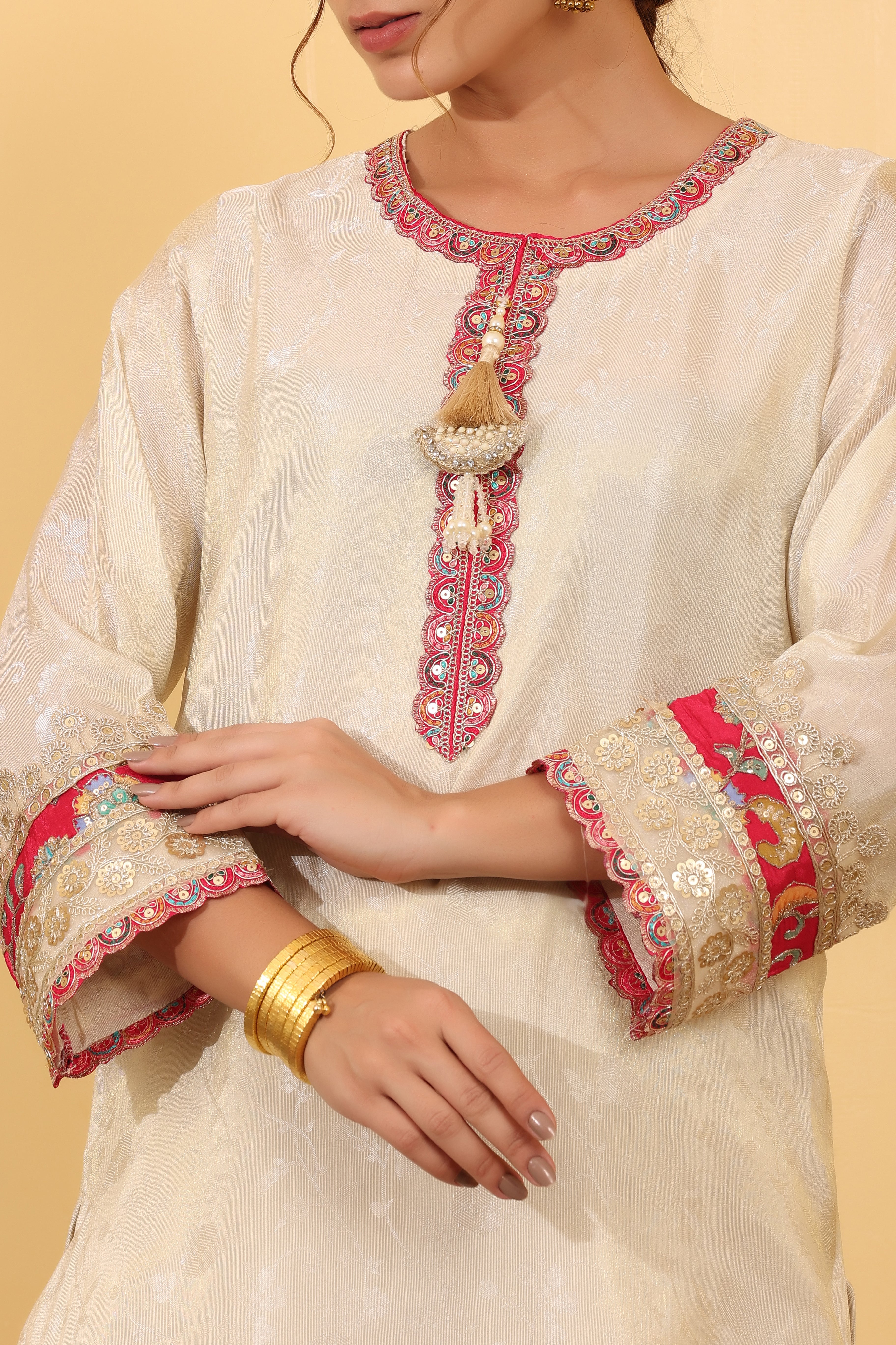 Off White Jacquard Silk Salwar Kurta Dupatta Set for Women