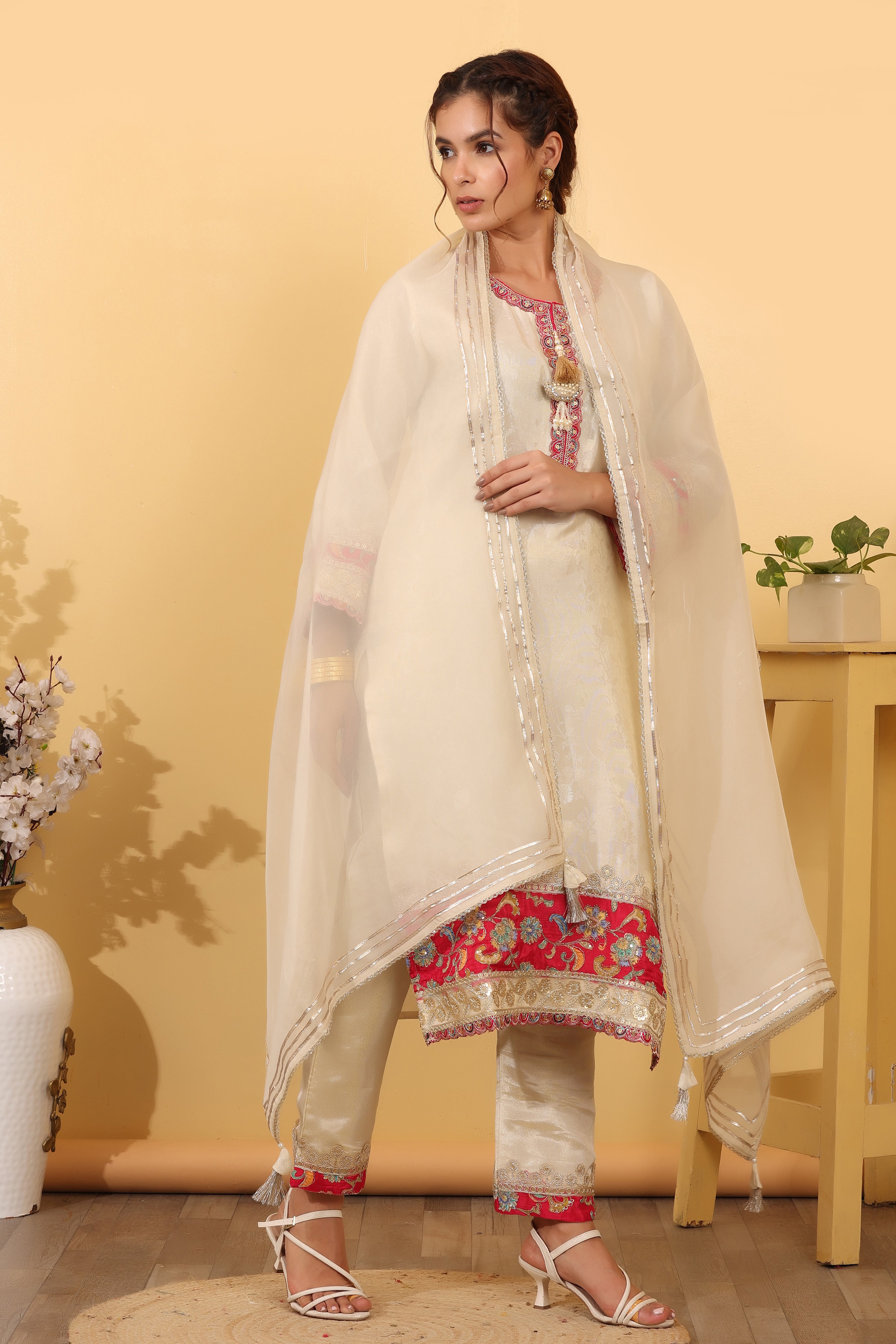 Off White Jacquard Silk Salwar Kurta Dupatta Set for Women