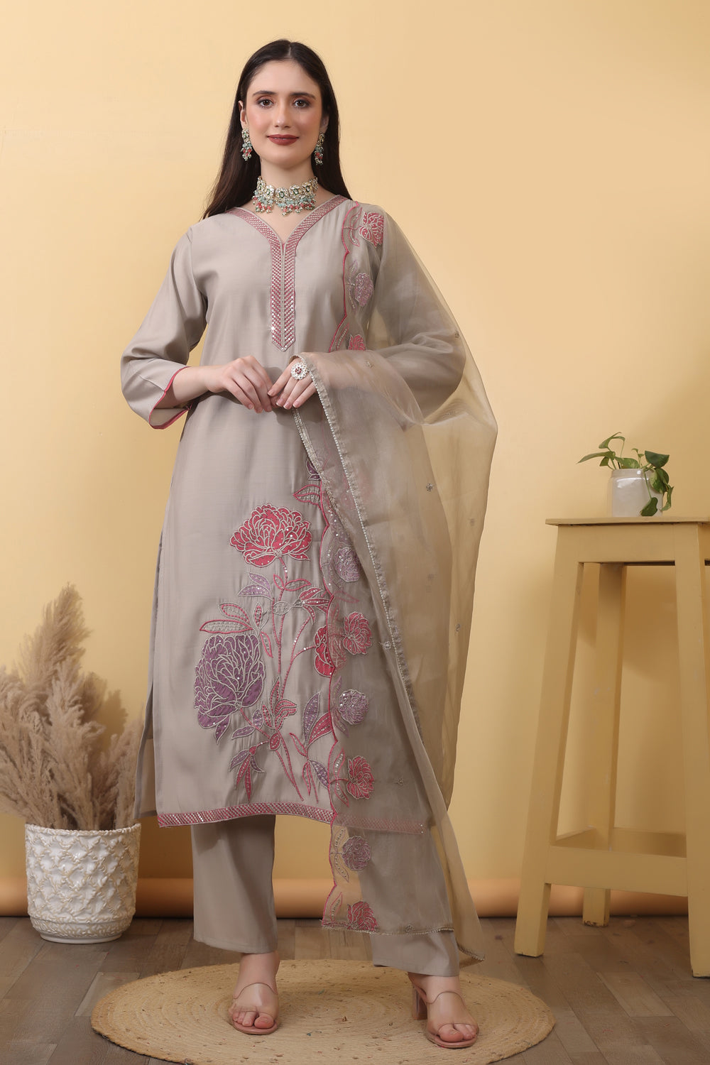 House of Sdaa  Roman silk Stone Grey Kurta Set, HSDAASKKN000018