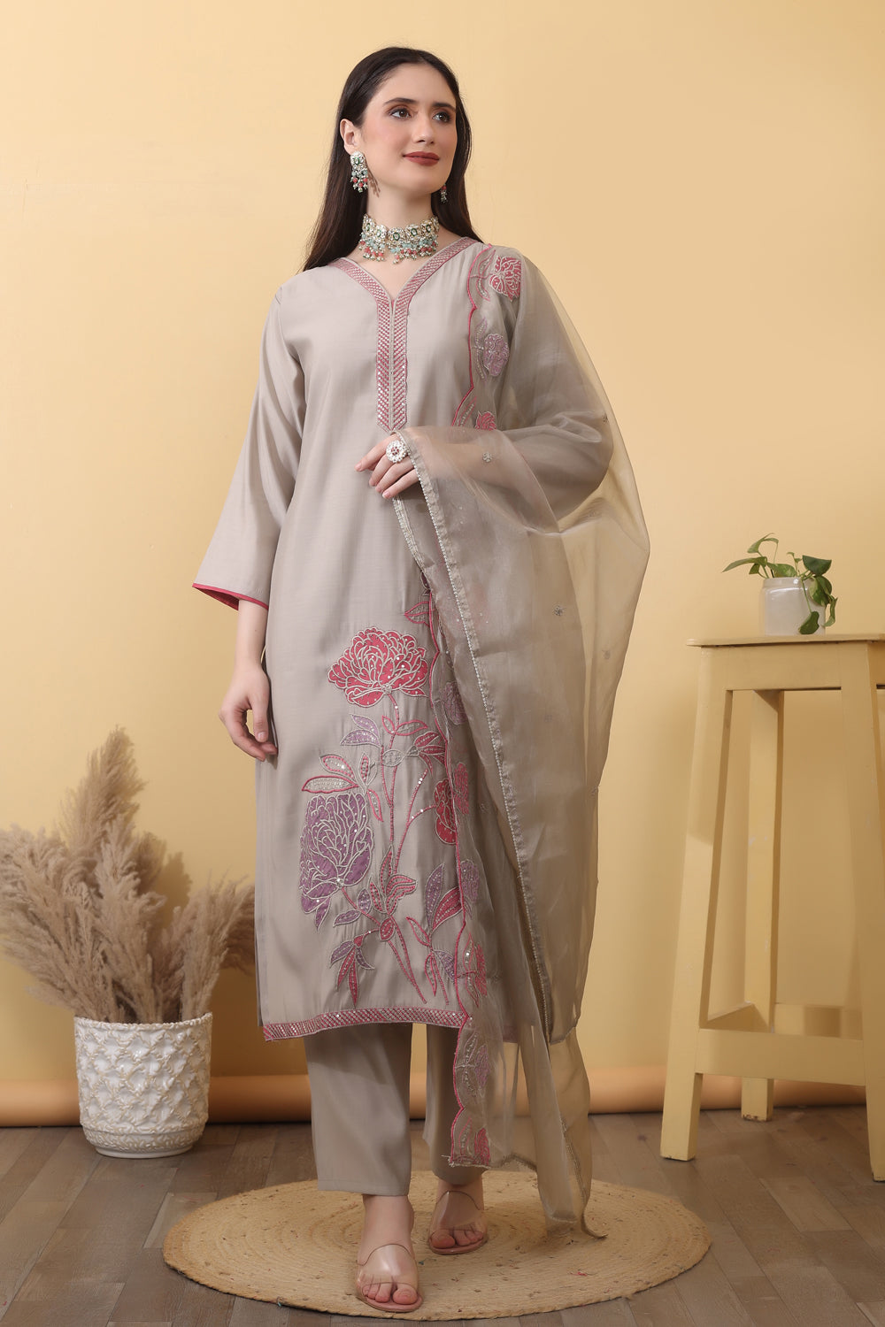 House of Sdaa  Roman silk Stone Grey Kurta Set, HSDAASKKN000018