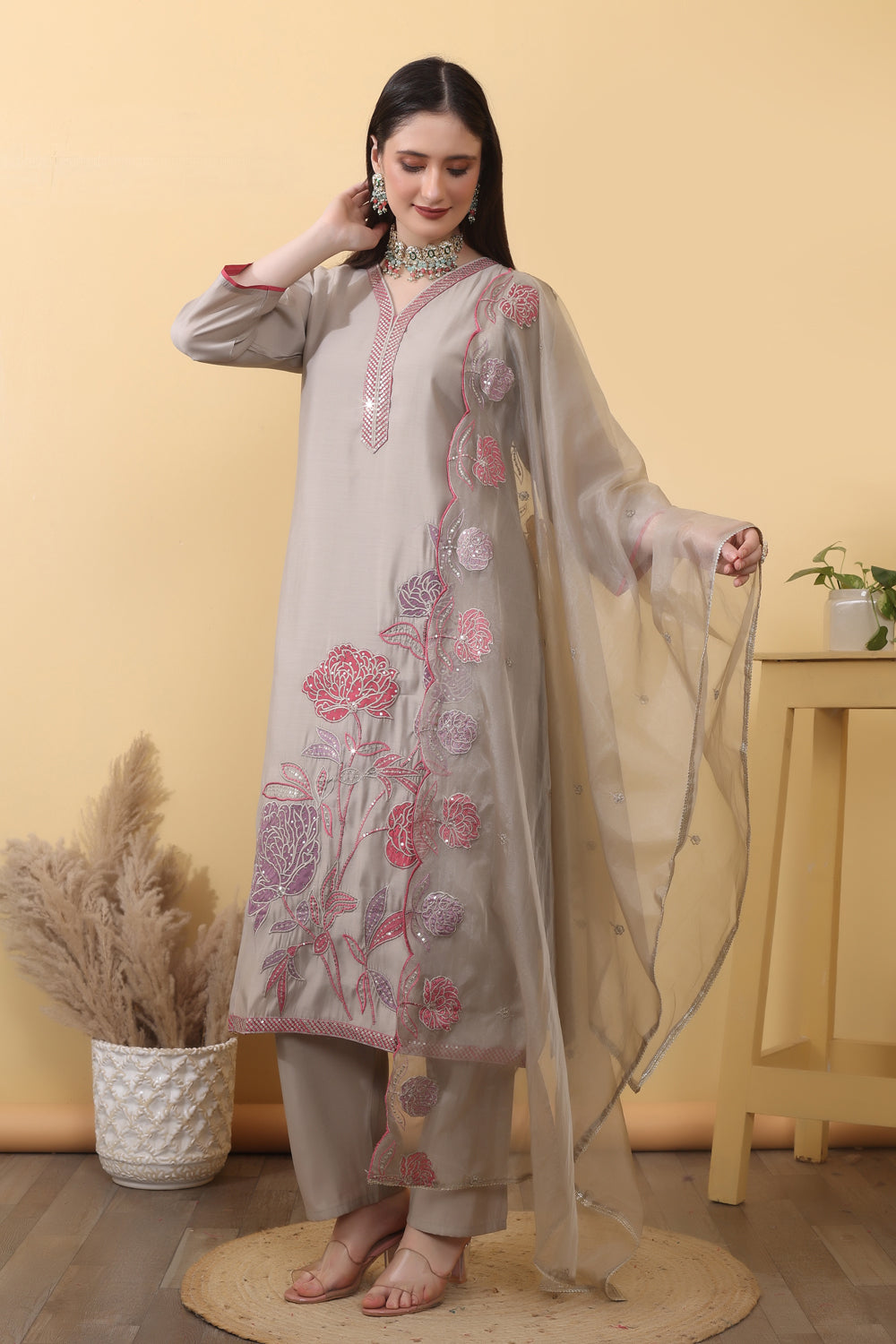 House of Sdaa  Roman silk Stone Grey Kurta Set, HSDAASKKN000018