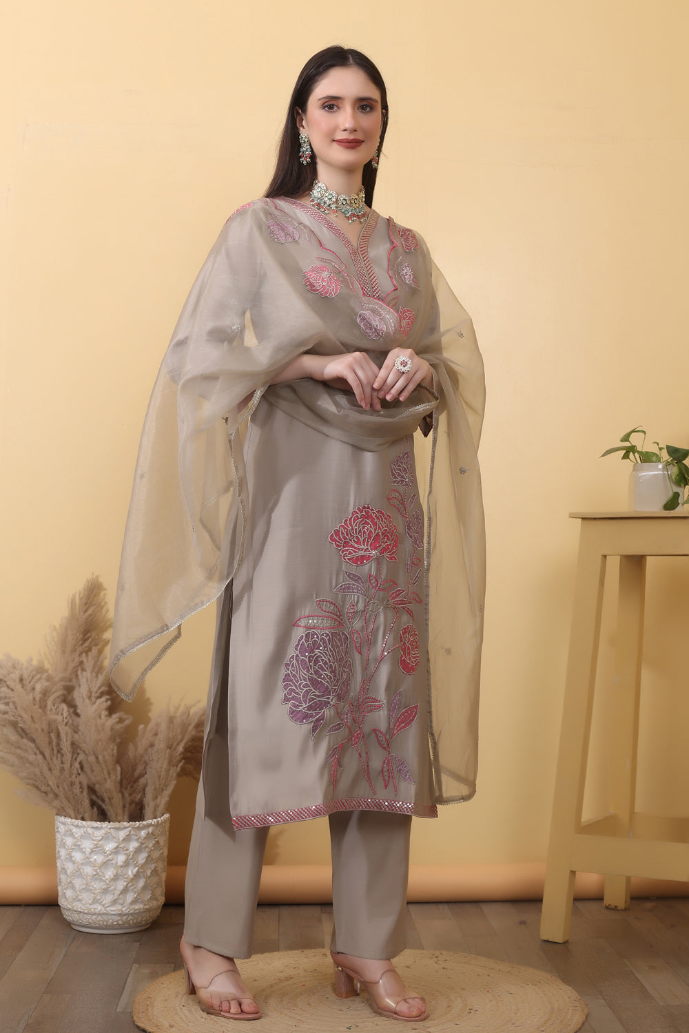 House of Sdaa  Roman silk Stone Grey Kurta Set, HSDAASKKN000018