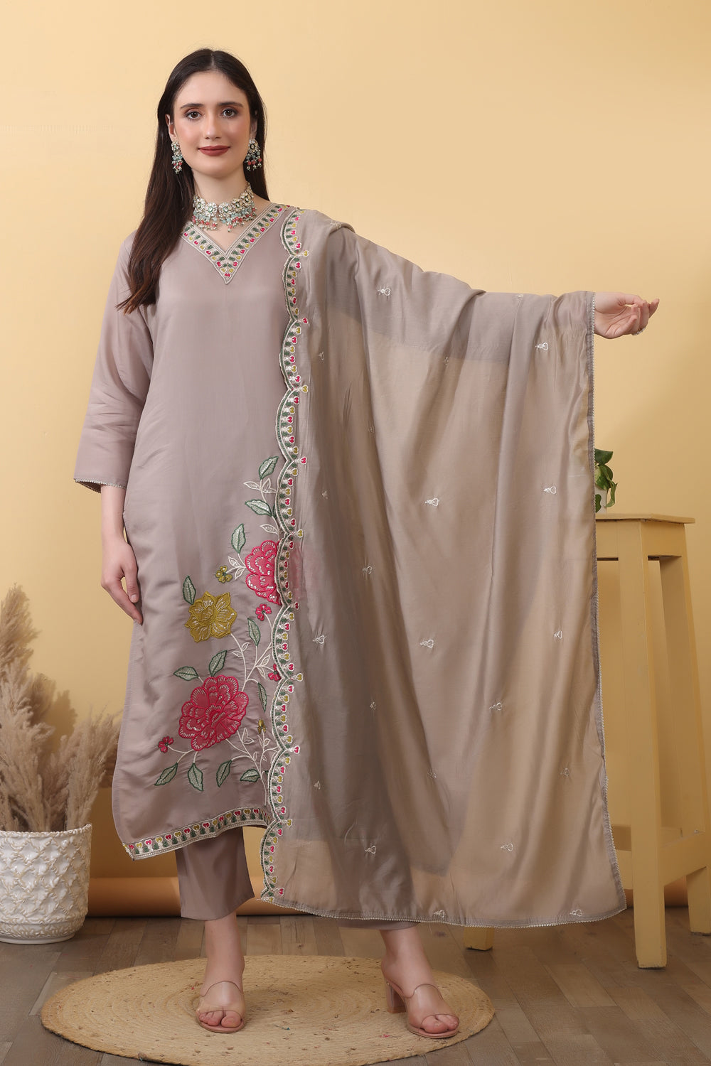 Mink Grey Roman Silk Embroidered Suit Kurta Dupatta Set