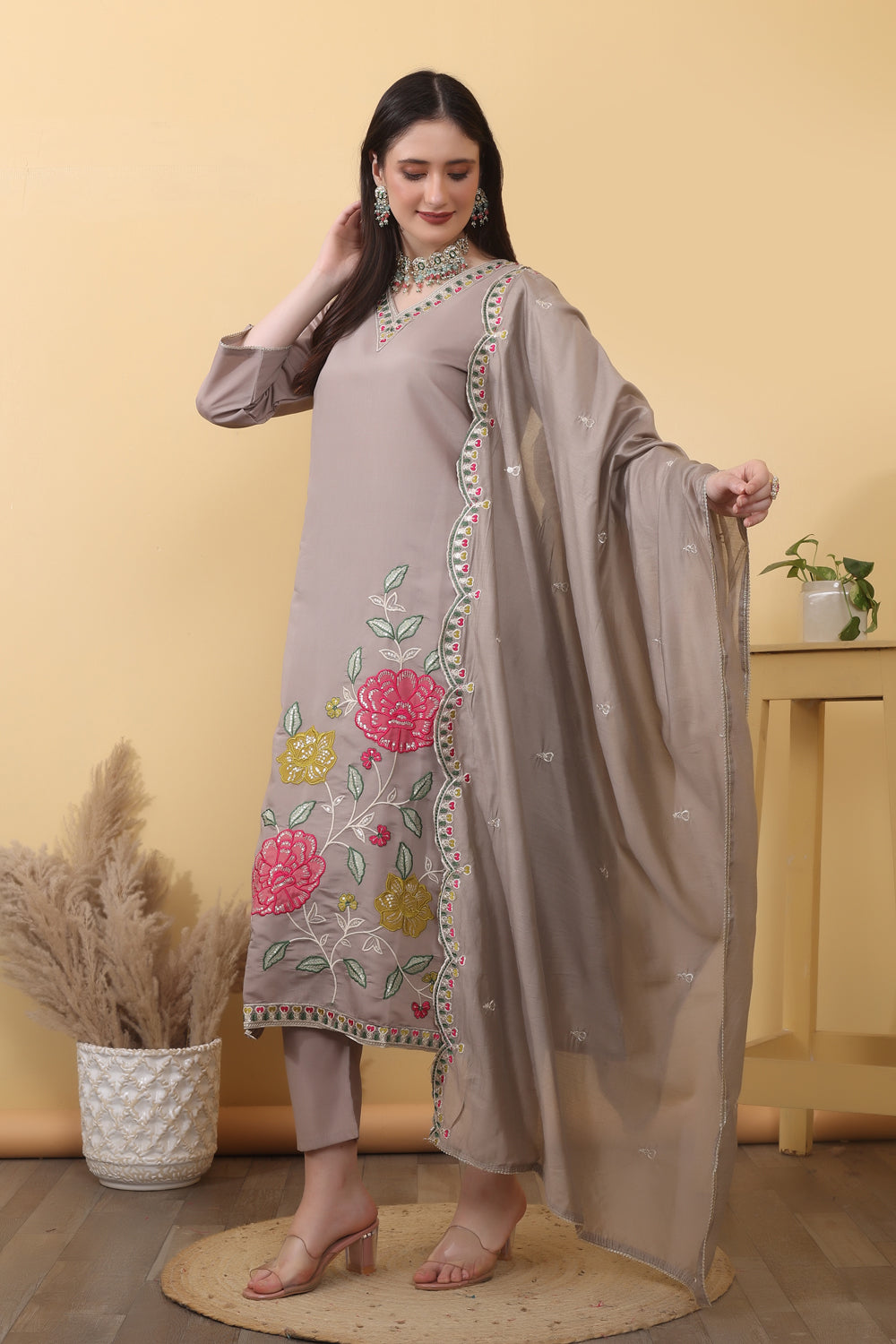 Mink Grey Roman Silk Embroidered Suit Kurta Dupatta Set