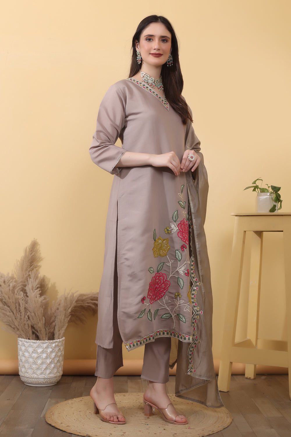Mink Grey Roman Silk Embroidered Suit Kurta Dupatta Set