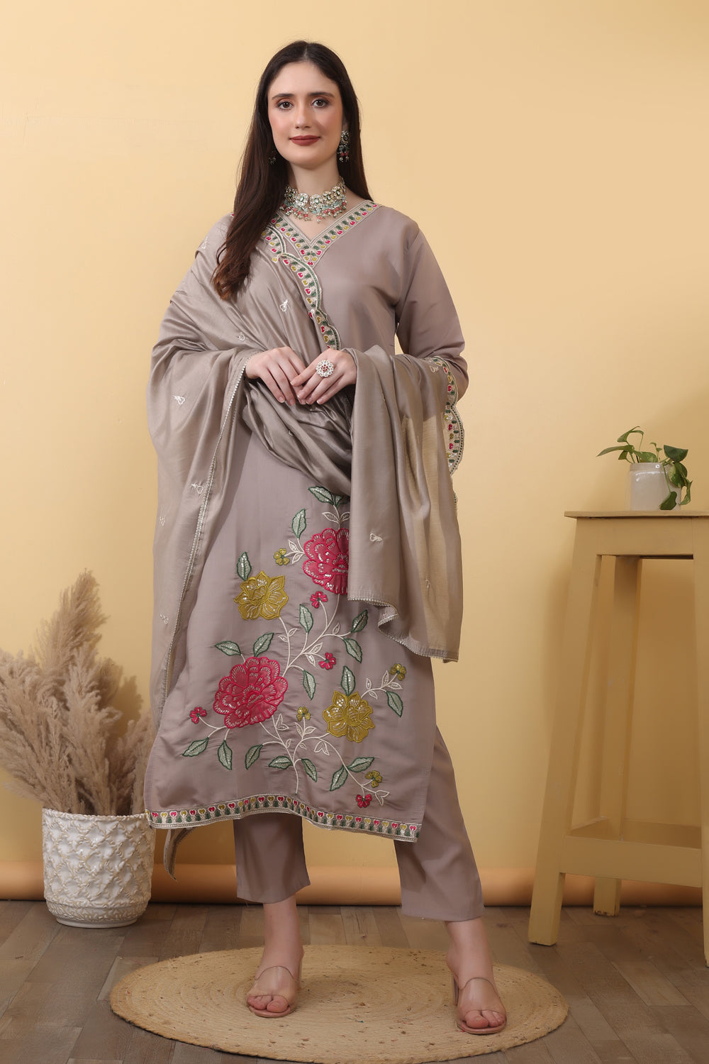 Mink Grey Roman Silk Embroidered Suit Kurta Dupatta Set