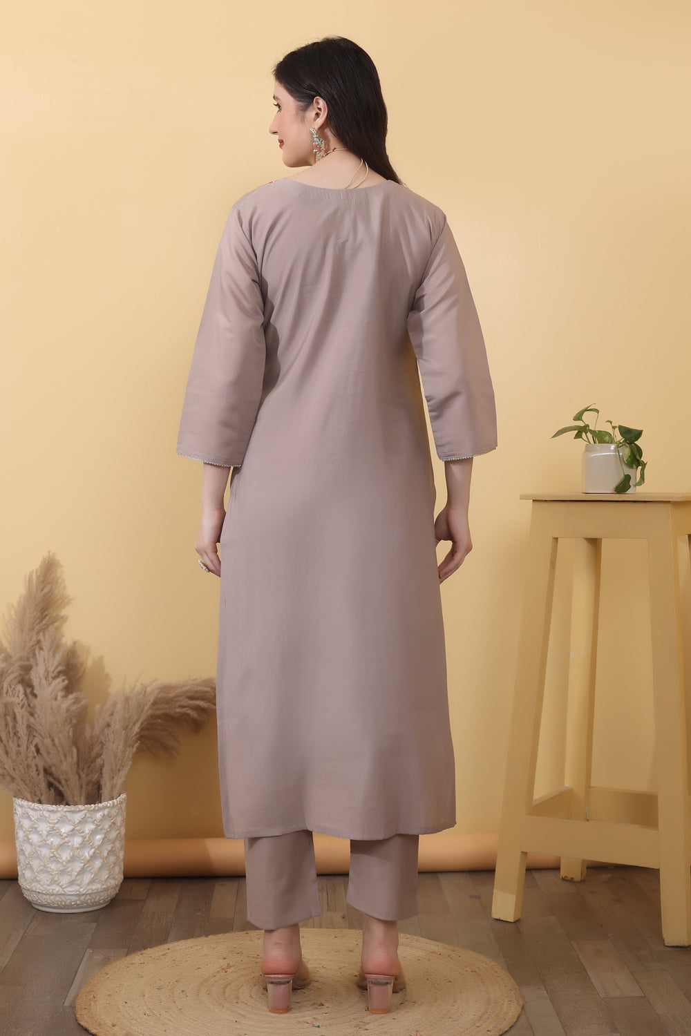 Mink Grey Roman Silk Embroidered Suit Kurta Dupatta Set