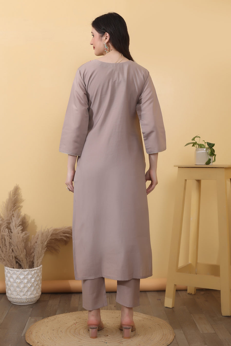 Mink Grey Roman Silk Embroidered Suit Kurta Dupatta Set