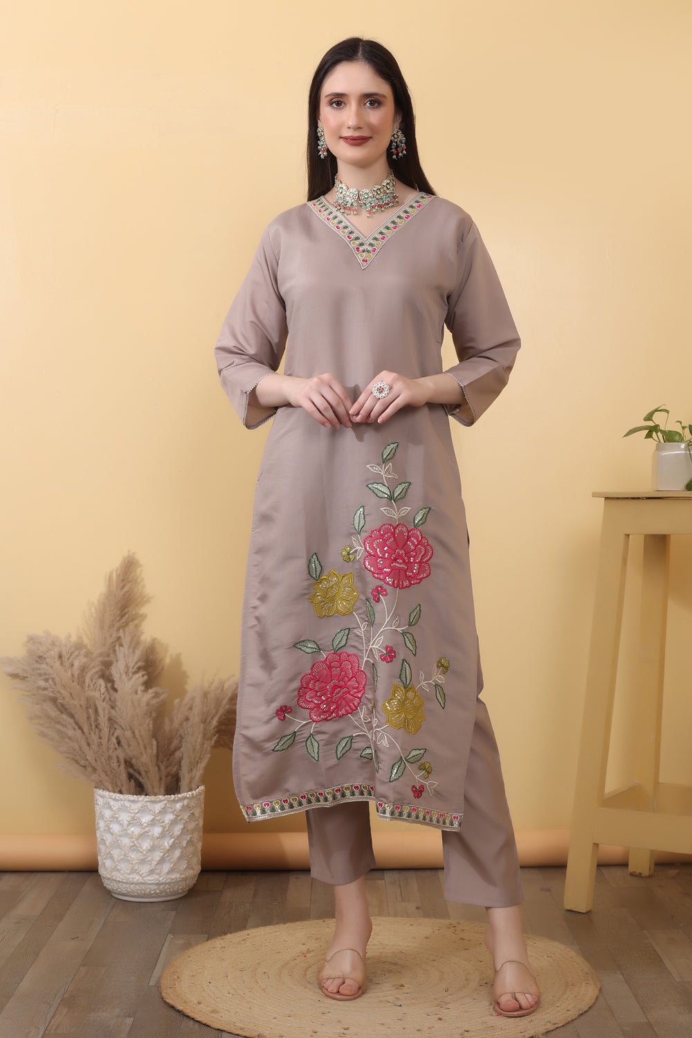 Mink Grey Roman Silk Embroidered Suit Kurta Dupatta Set