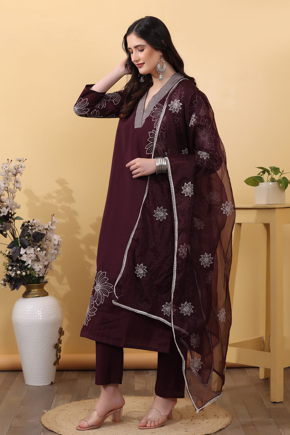 Dark Wine Roman Silk Embroidered Suit Kurta Dupatta Set