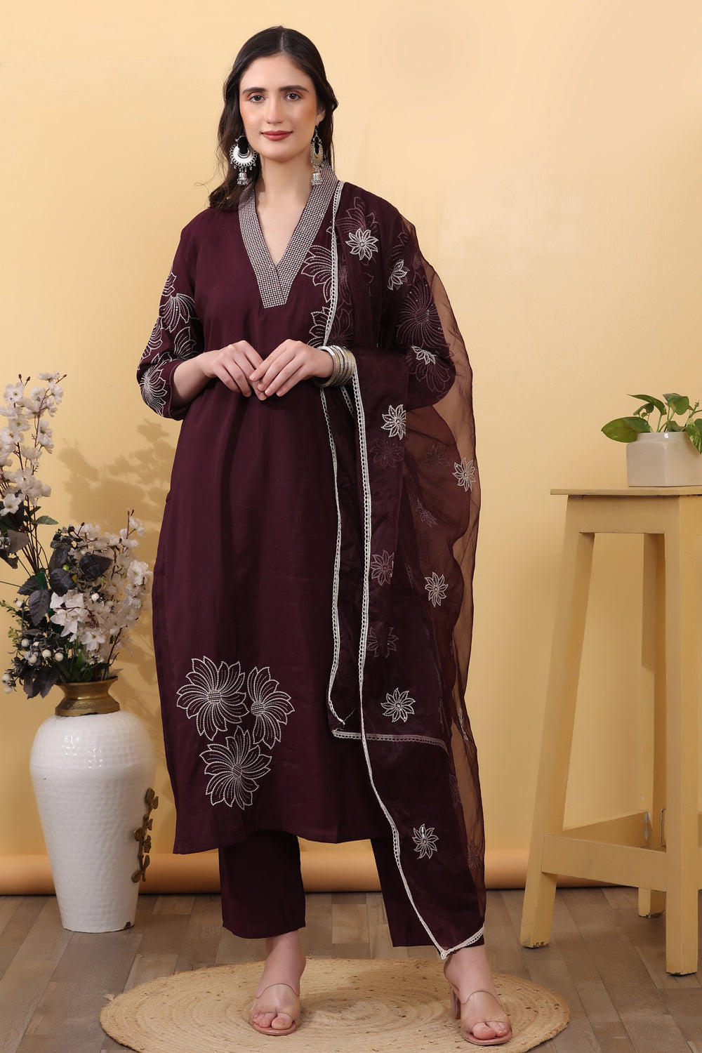 Dark Wine Roman Silk Embroidered Suit Kurta Dupatta Set