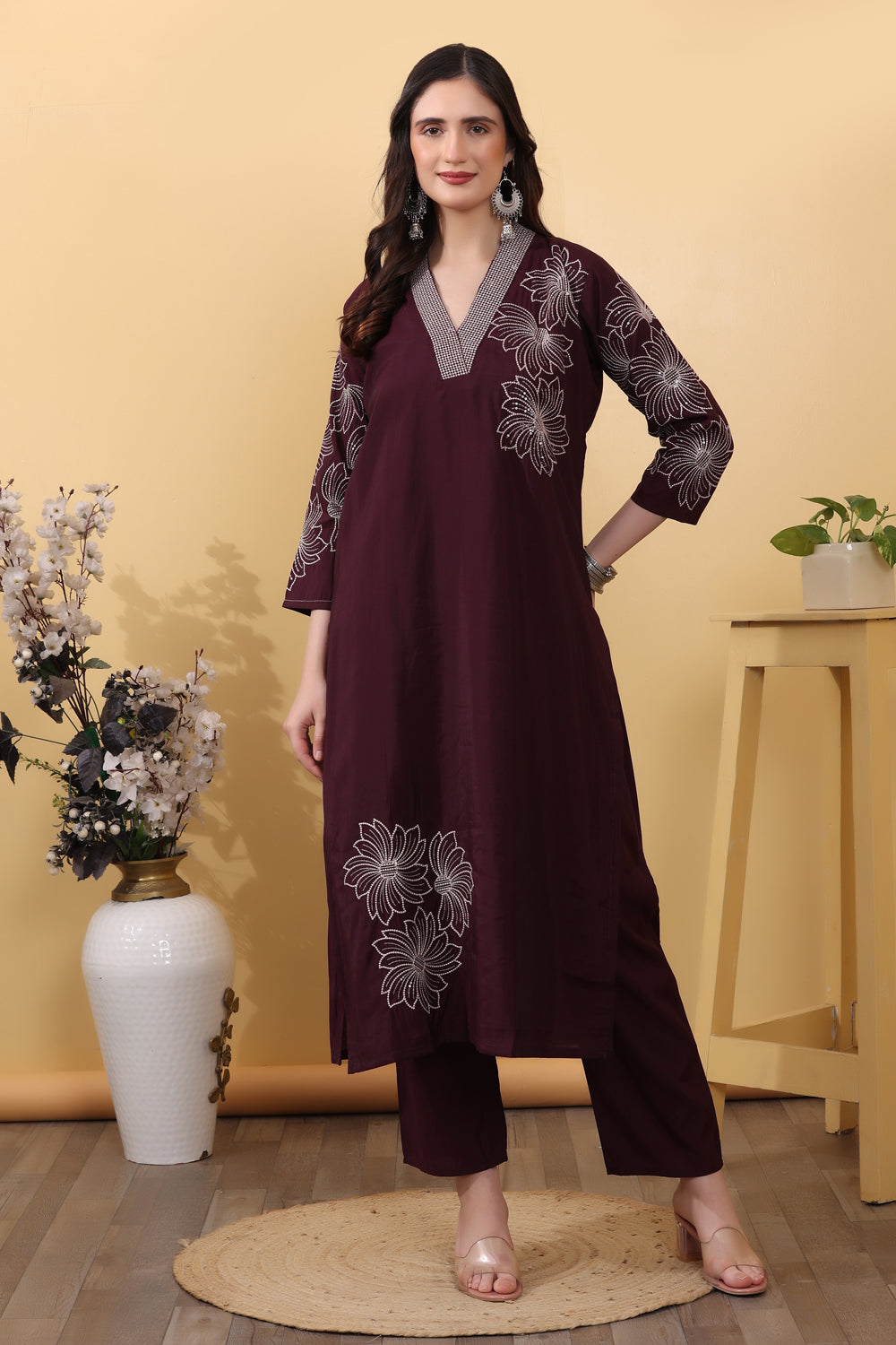Dark Wine Roman Silk Embroidered Suit Kurta Dupatta Set