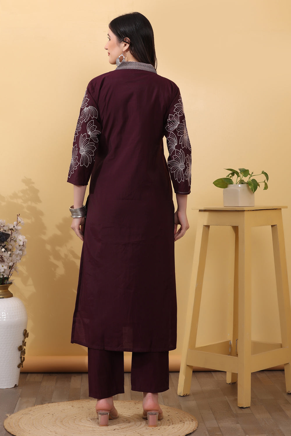 Dark Wine Roman Silk Embroidered Suit Kurta Dupatta Set