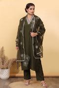 Olive Green Roman Silk Salwar Kurta Dupatta Set for Women