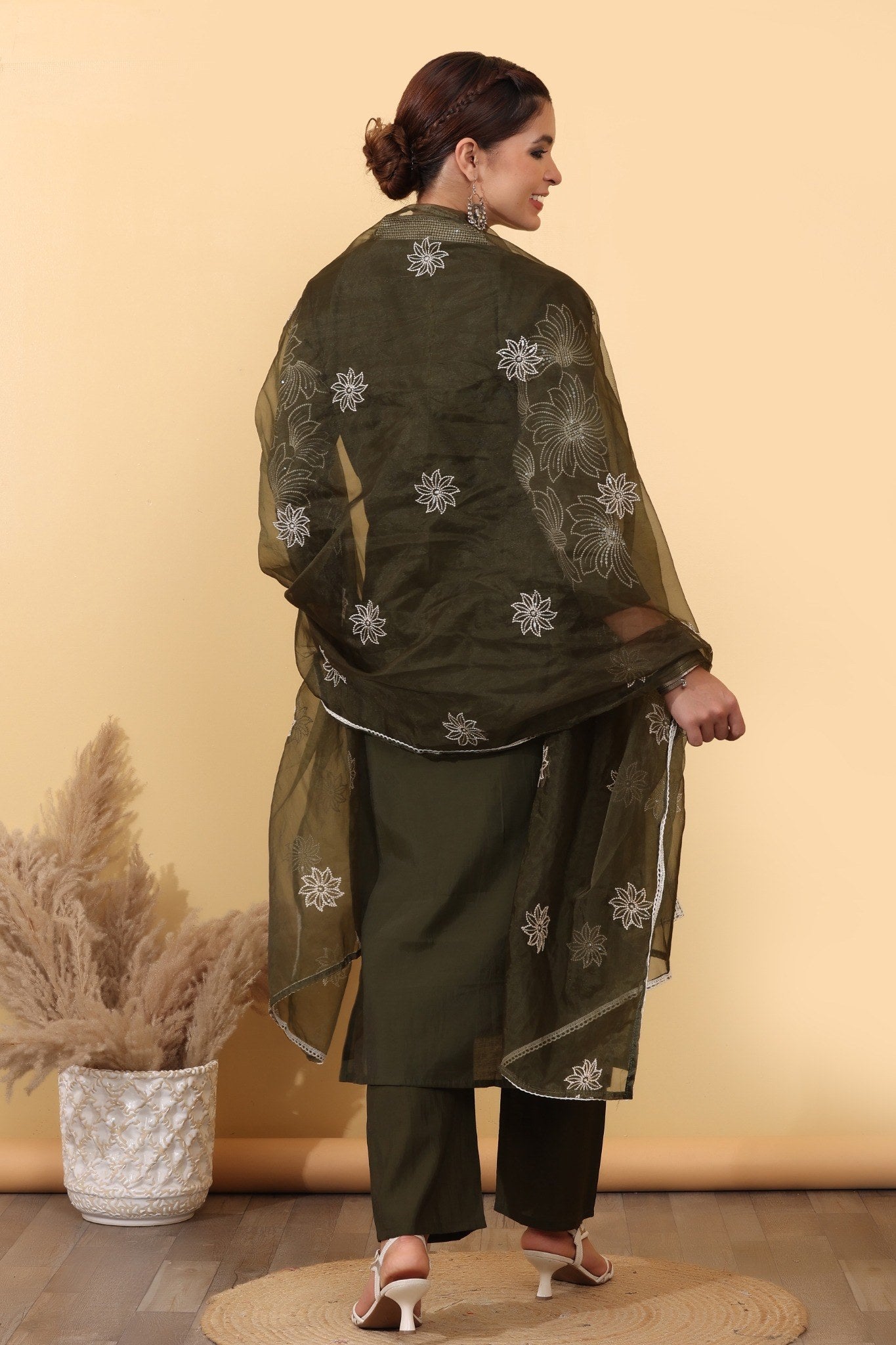 Olive Green Roman Silk Salwar Kurta Dupatta Set for Women