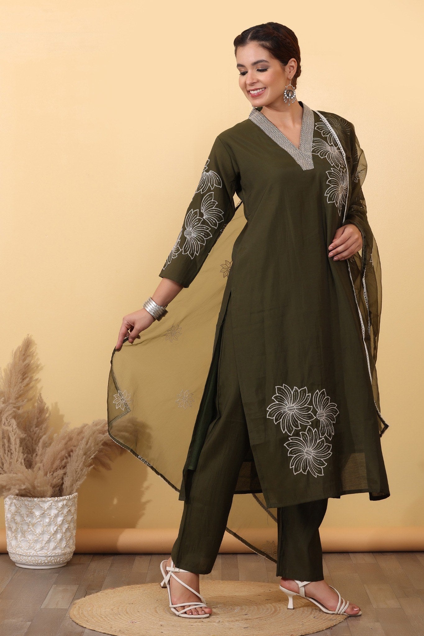 Olive Green Roman Silk Salwar Kurta Dupatta Set for Women