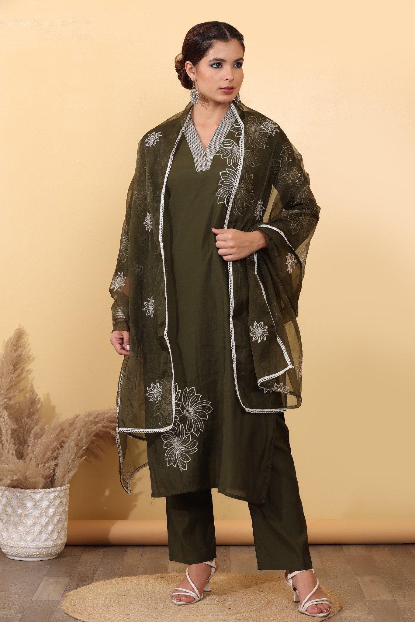 Olive Green Roman Silk Salwar Kurta Dupatta Set for Women