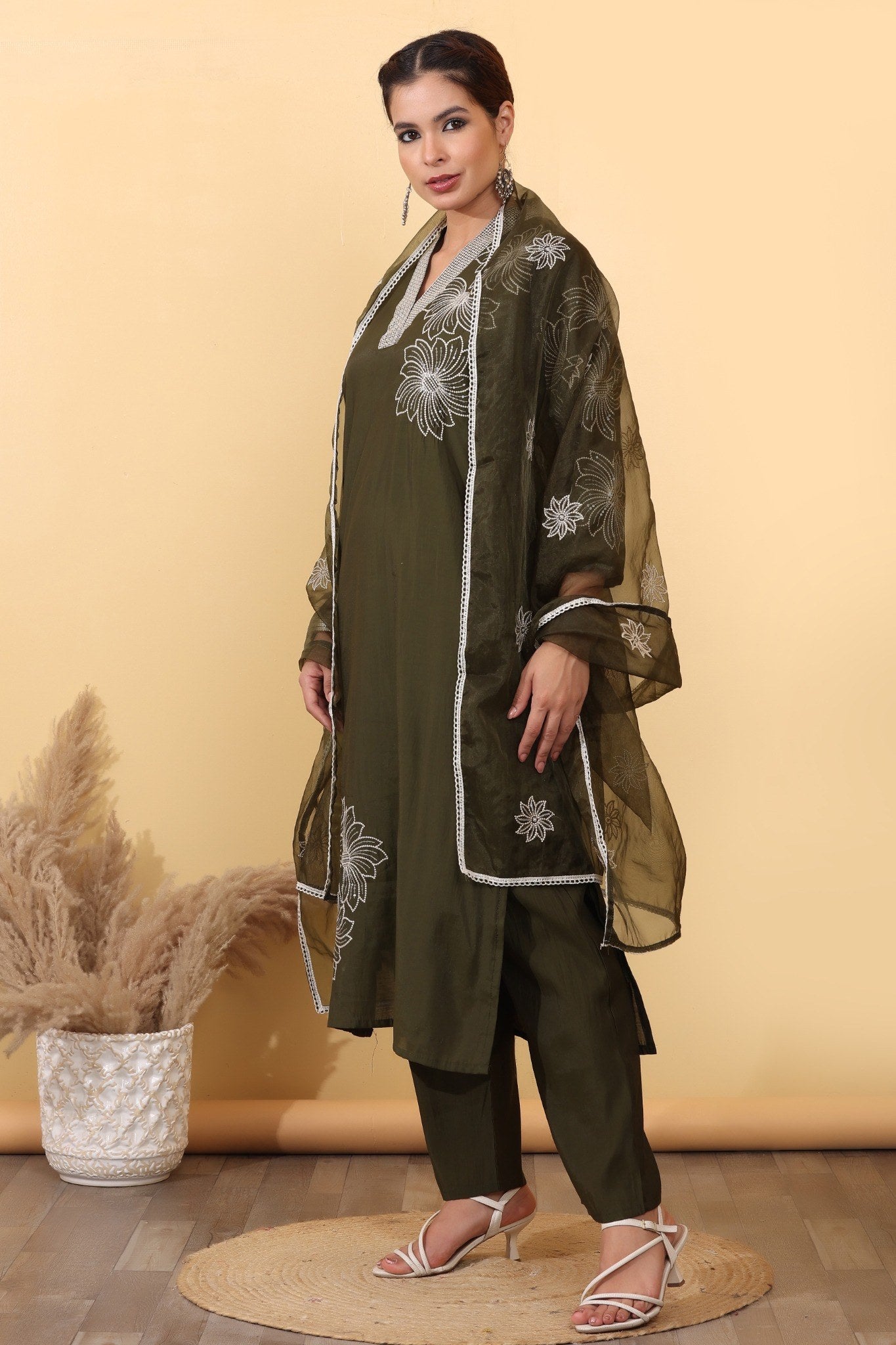Olive Green Roman Silk Salwar Kurta Dupatta Set for Women