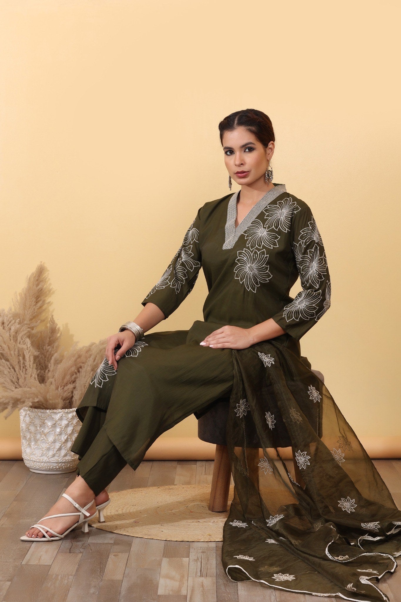 Olive Green Roman Silk Salwar Kurta Dupatta Set for Women