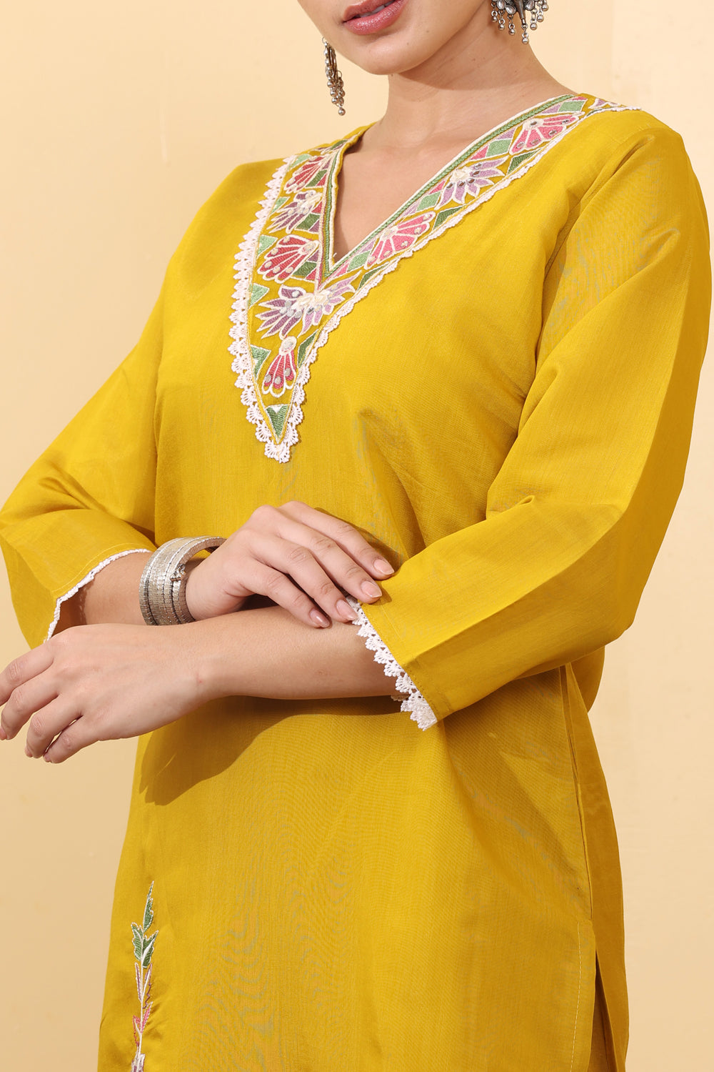 Yellow Roman Silk Embroidered Salwar Kurta Dupatta Set for Women