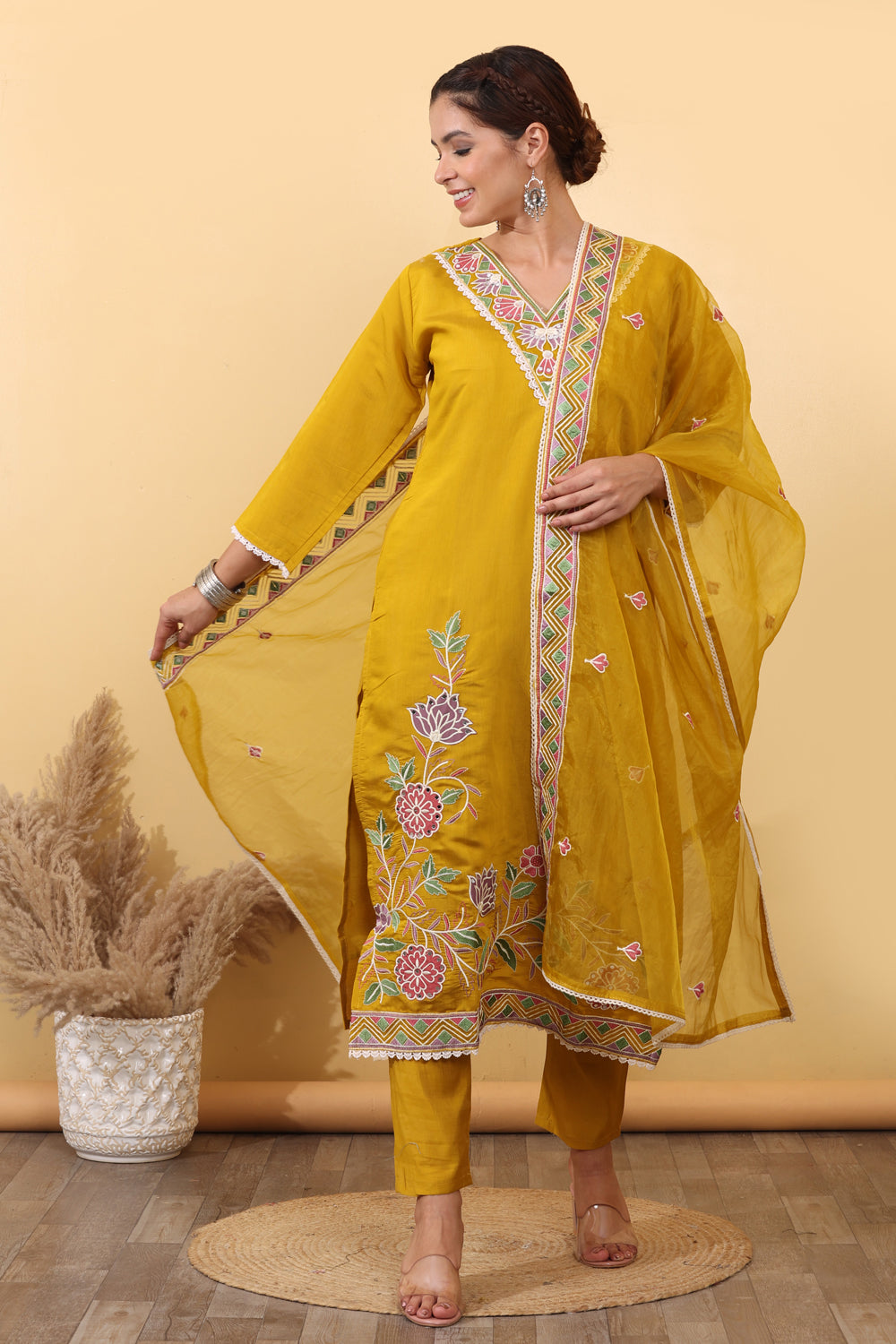 Yellow Roman Silk Embroidered Salwar Kurta Dupatta Set for Women