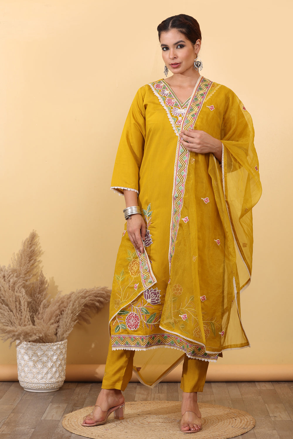 Yellow Roman Silk Embroidered Salwar Kurta Dupatta Set for Women