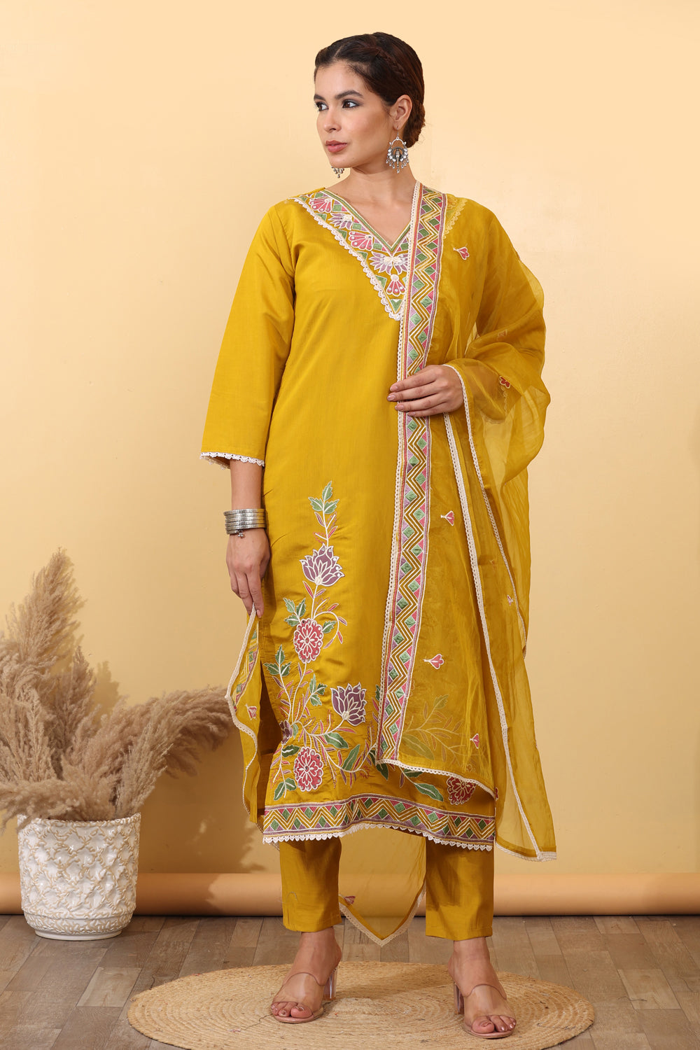 Yellow Roman Silk Embroidered Salwar Kurta Dupatta Set for Women
