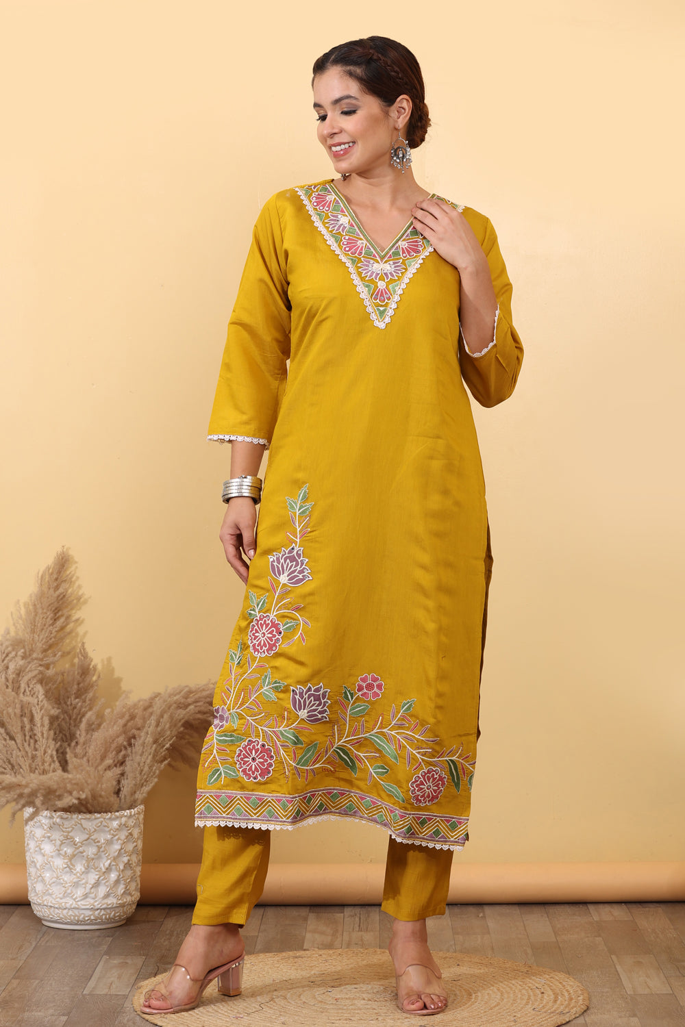 Yellow Roman Silk Embroidered Salwar Kurta Dupatta Set for Women