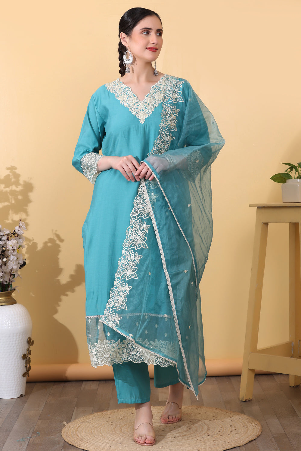 Aqua Blue Roman Silk Embroidered Suit Kurta Dupatta Set