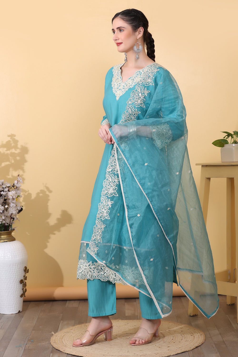 Aqua Blue Roman Silk Embroidered Suit Kurta Dupatta Set