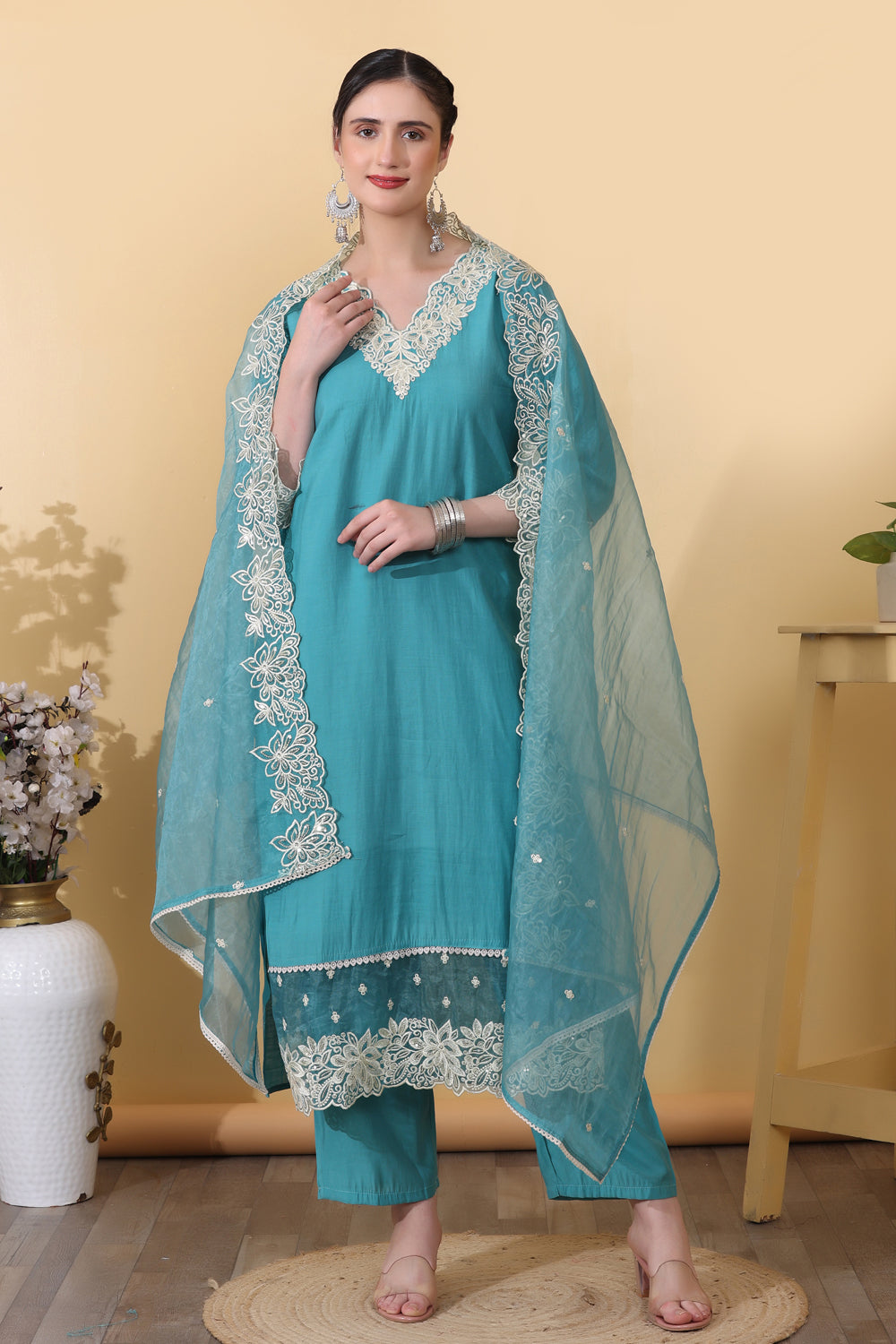 Aqua Blue Roman Silk Embroidered Suit Kurta Dupatta Set