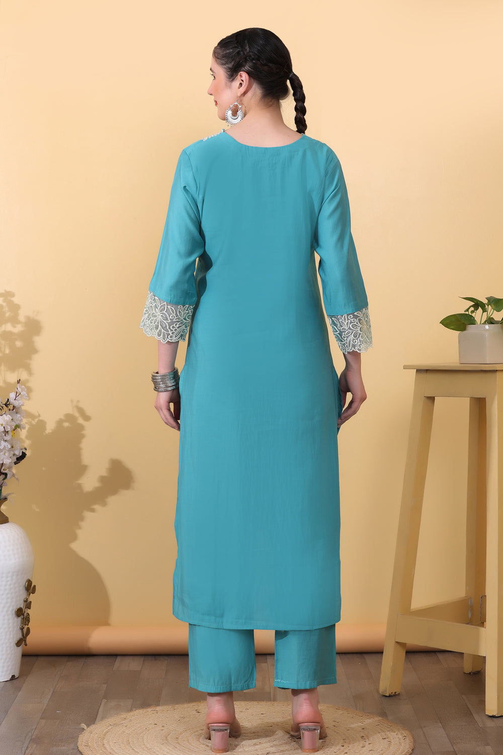 Aqua Blue Roman Silk Embroidered Suit Kurta Dupatta Set