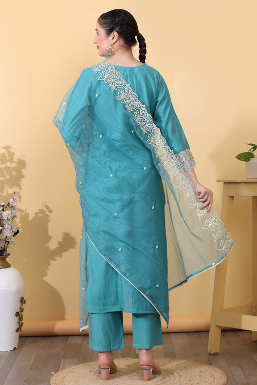 Aqua Blue Roman Silk Embroidered Suit Kurta Dupatta Set