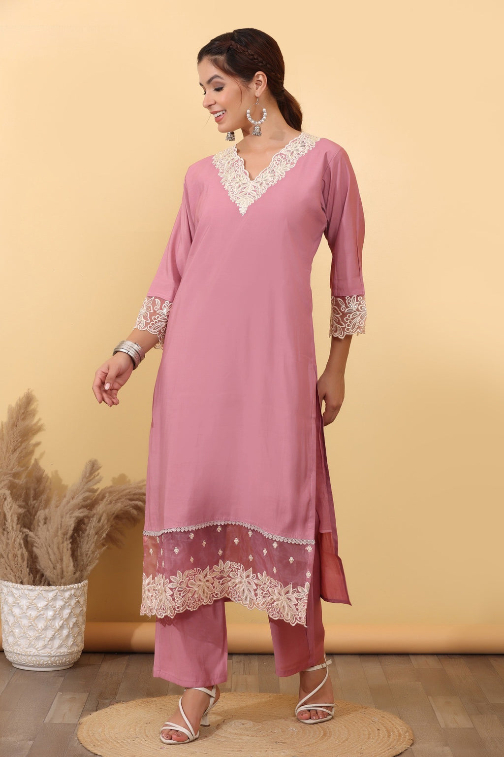 Blush Pink Embroidered Organza Suit Set with Floral Lace Dupatta HSDAASKKN000030
