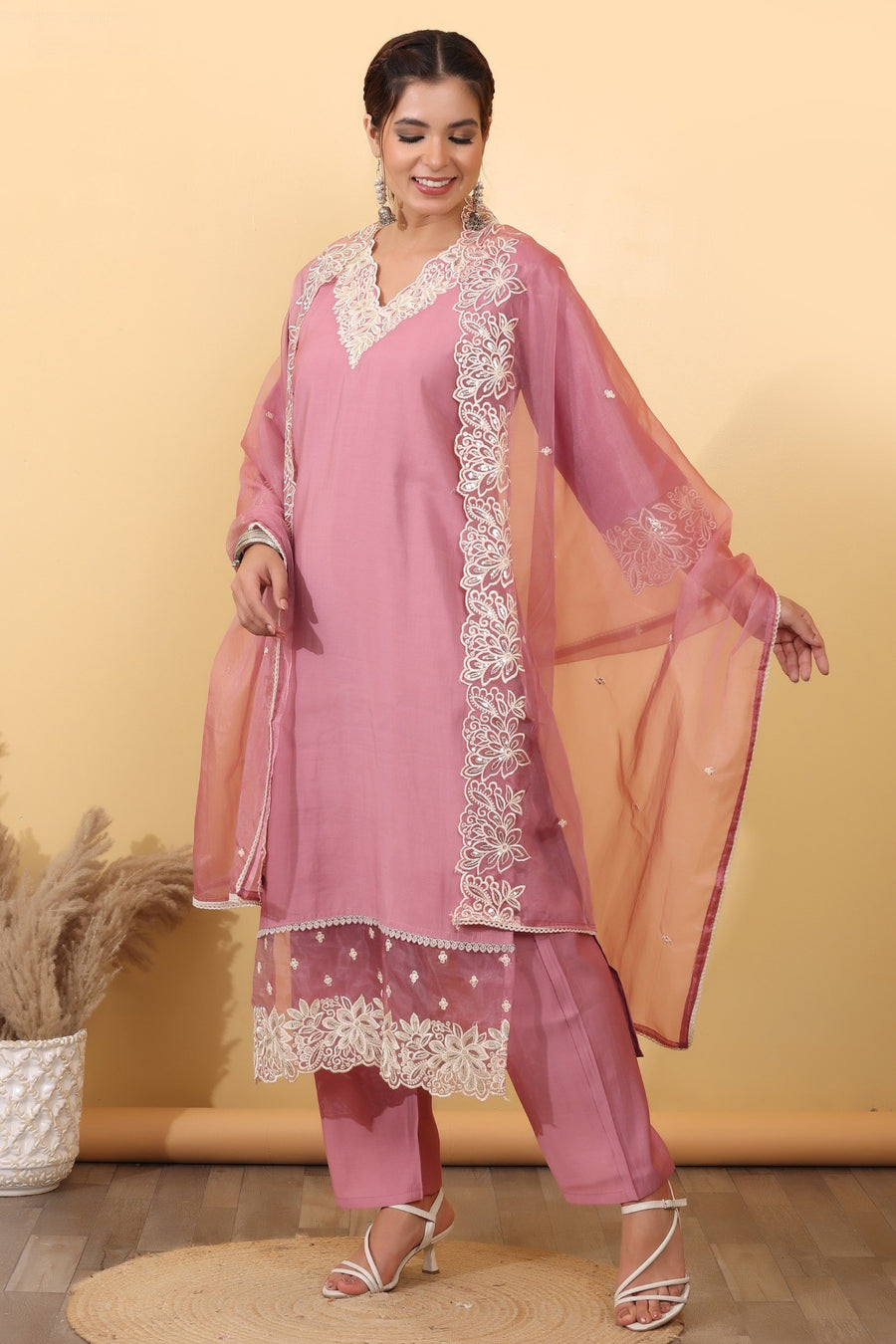 Blush Pink Embroidered Organza Suit Set with Floral Lace Dupatta HSDAASKKN000030