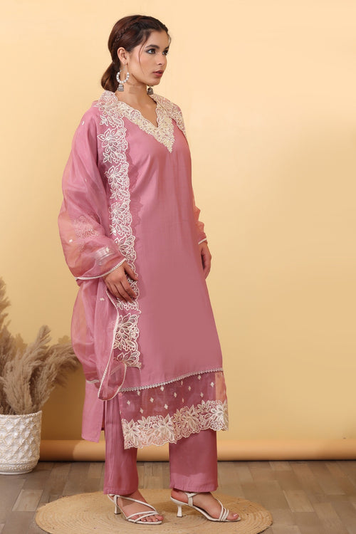 Blush Pink Embroidered Organza Suit Set with Floral Lace Dupatta HSDAASKKN000030