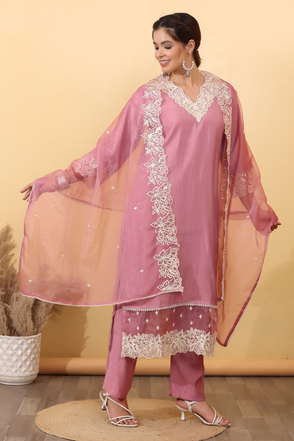 Blush Pink Embroidered Organza Suit Set with Floral Lace Dupatta HSDAASKKN000030
