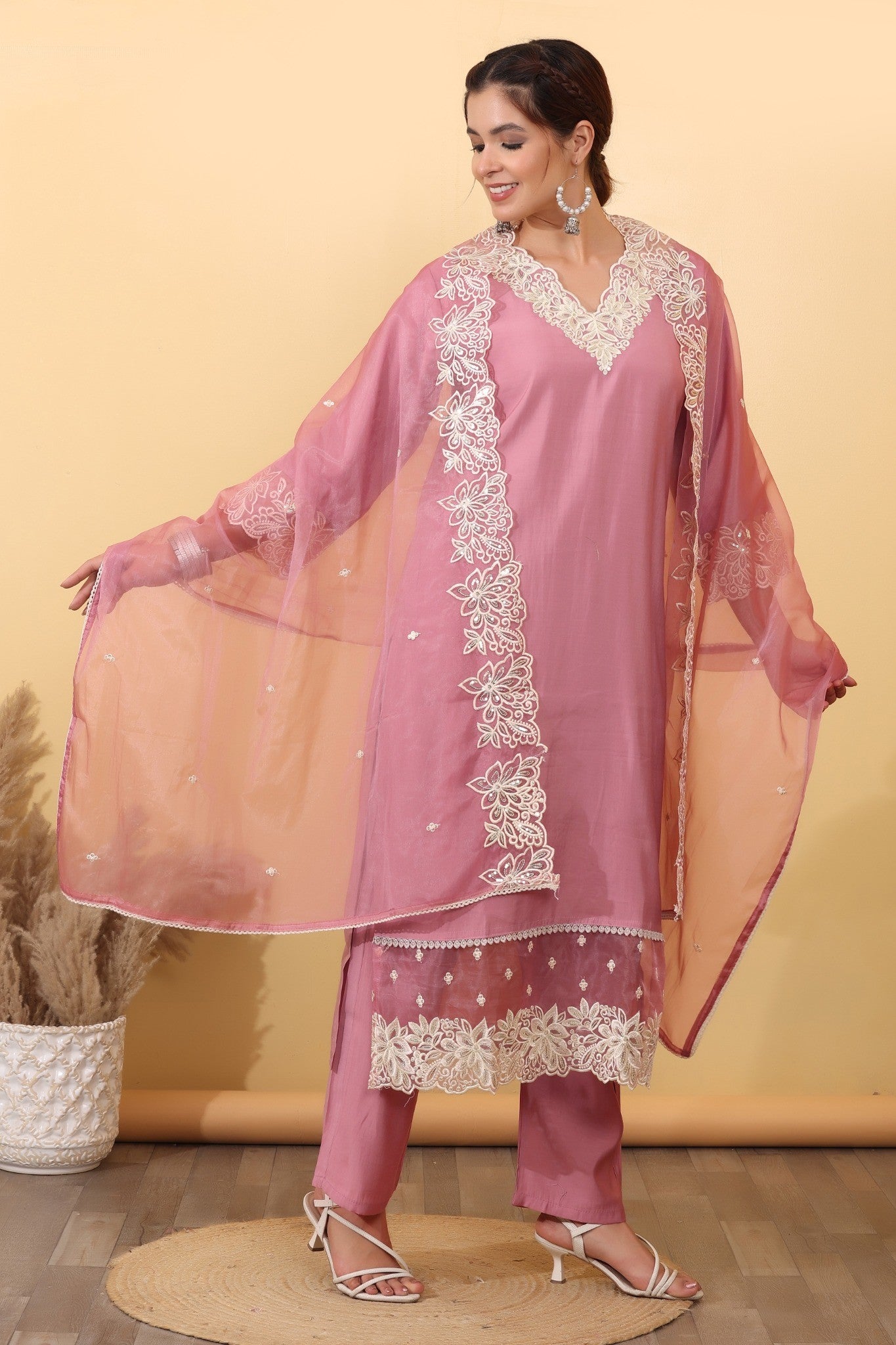 Blush Pink Embroidered Organza Suit Set with Floral Lace Dupatta HSDAASKKN000030