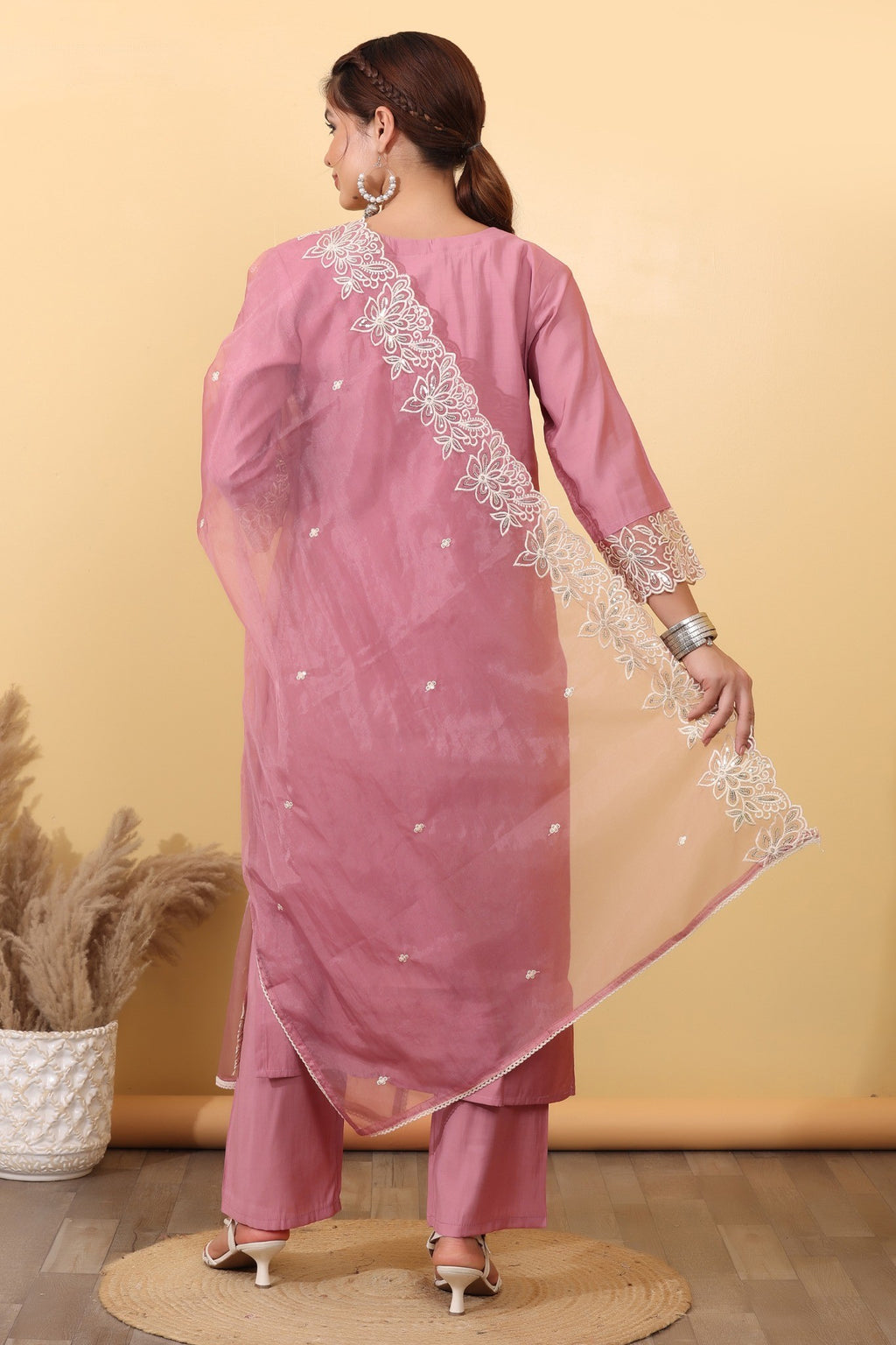 Blush Pink Embroidered Organza Suit Set with Floral Lace Dupatta HSDAASKKN000030